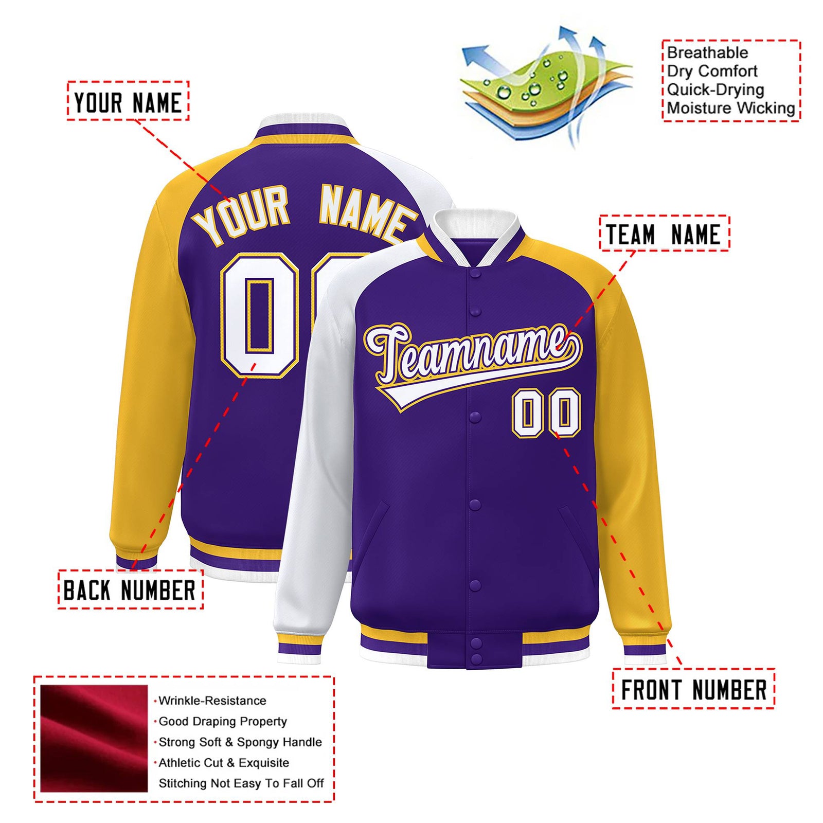 Custom Purple Gold-White Raglan Sleeves Varsity Full-Snap Letterman Jacket