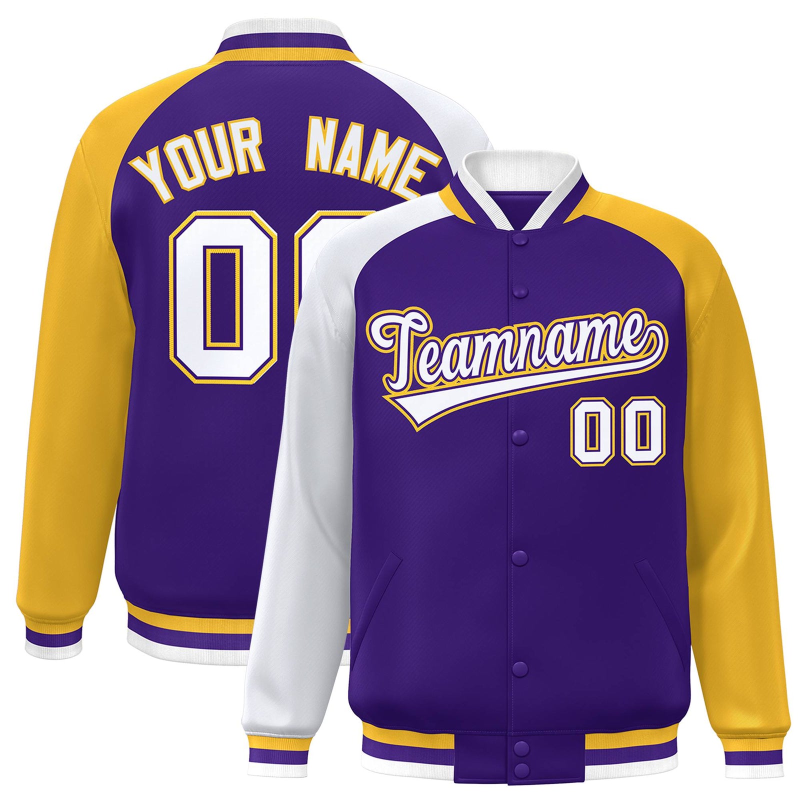 Custom Purple Gold-White Raglan Sleeves Varsity Full-Snap Letterman Jacket