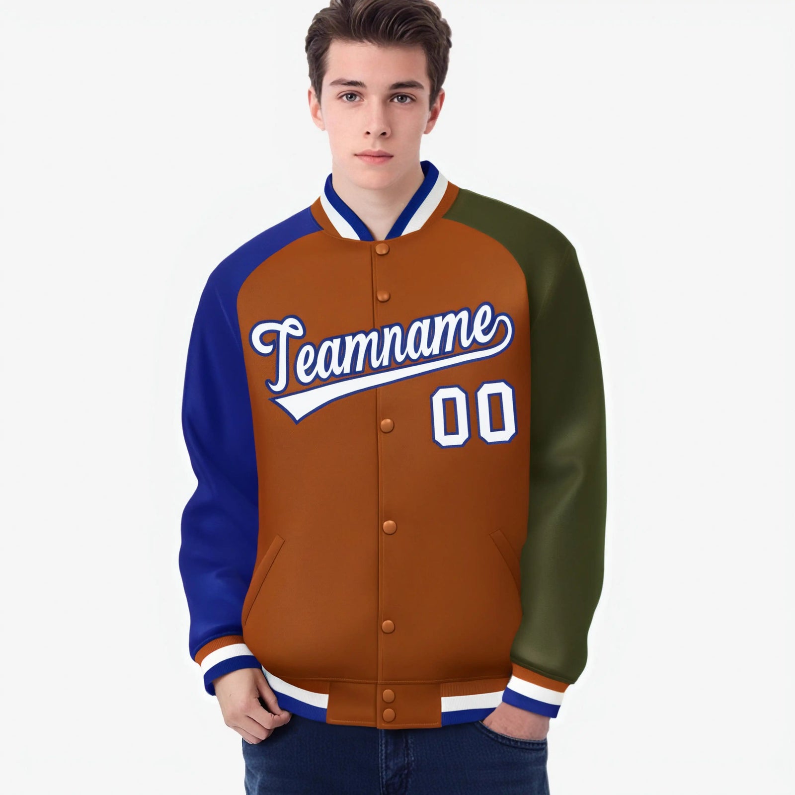 Custom Munsell Olive-Royal Blue Raglan Sleeves Varsity Full-Snap Letterman Jacket