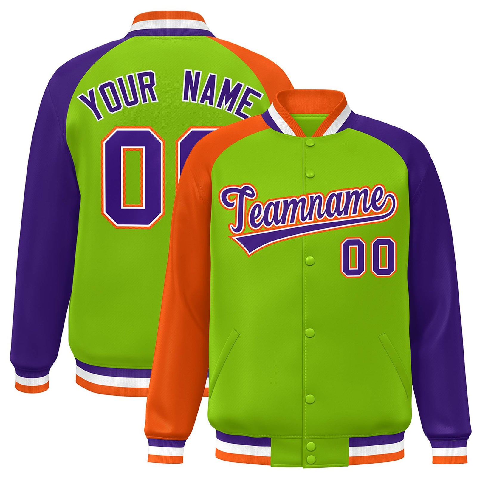 Custom Neon Green Purple-Orange Raglan Sleeves Varsity Full-Snap Letterman Jacket