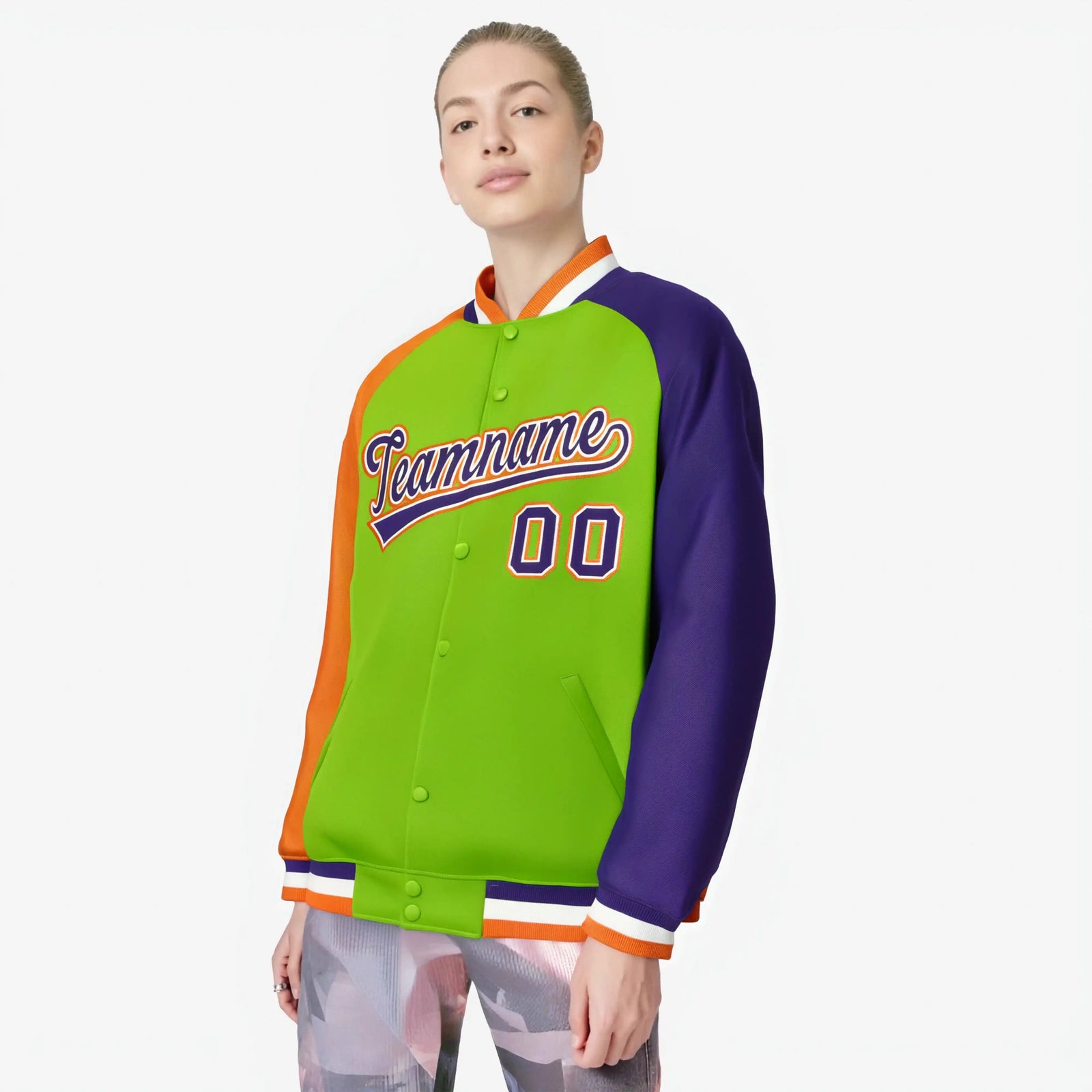 Custom Neon Green Purple-Orange Raglan Sleeves Varsity Full-Snap Letterman Jacket