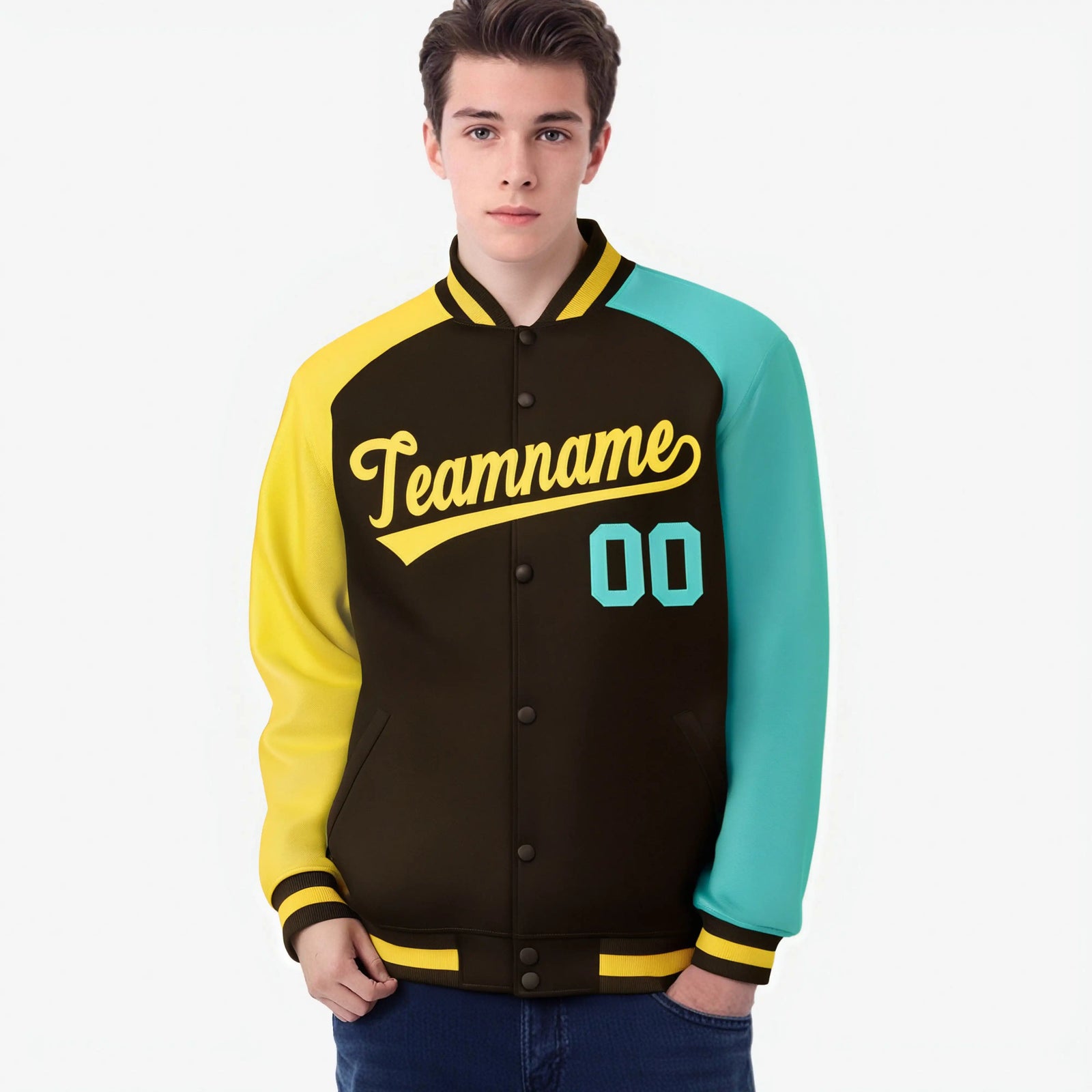 Custom Brown Olive-Gold Raglan Sleeves Varsity Full-Snap Letterman Jacket