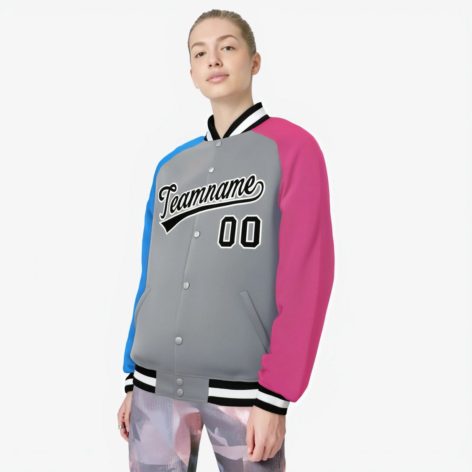 Custom Gray Pink-Powder Blue Raglan Sleeves Varsity Full-Snap Letterman Jacket