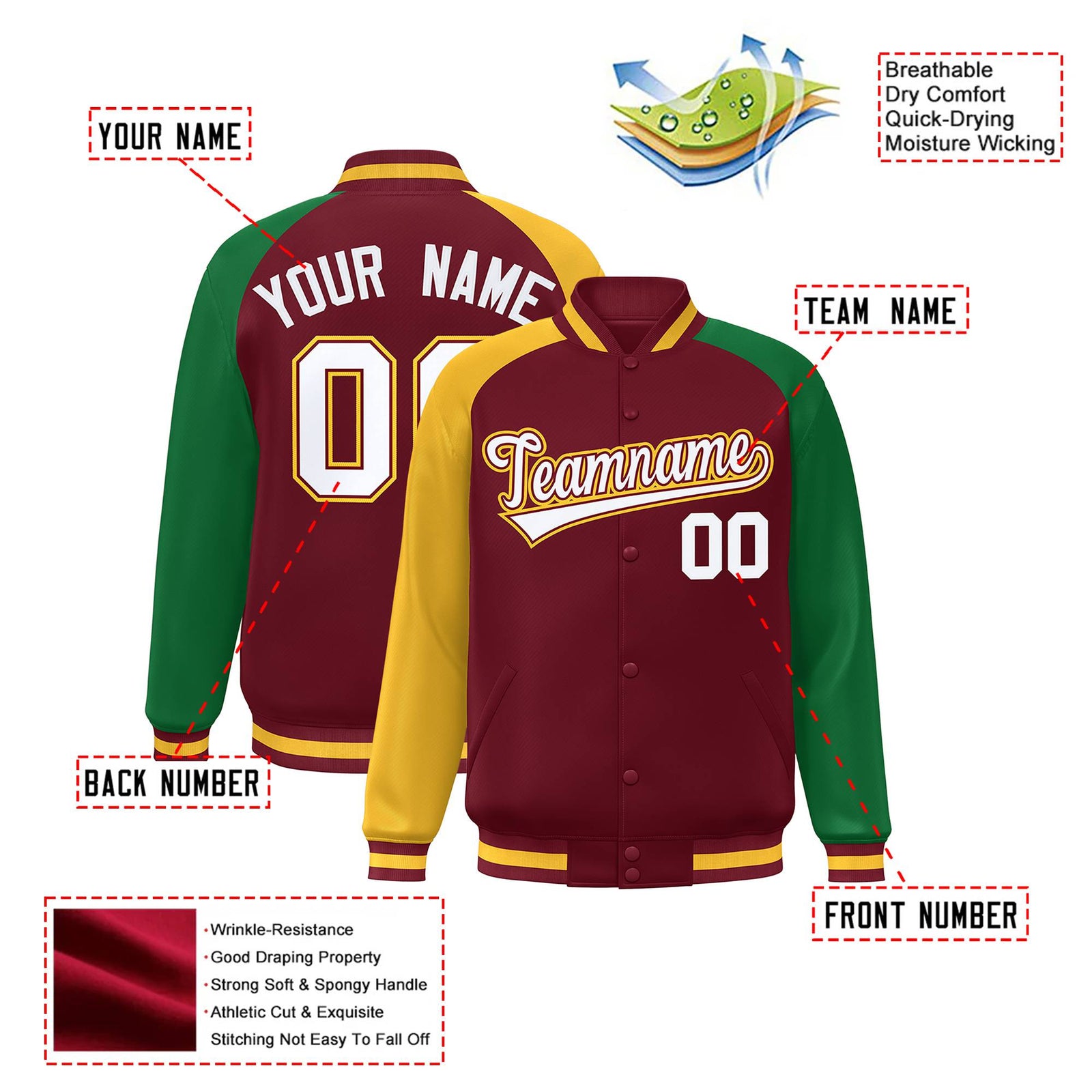 Custom Crimson Kelly Green-Gold Raglan Sleeves Varsity Full-Snap Letterman Jacket