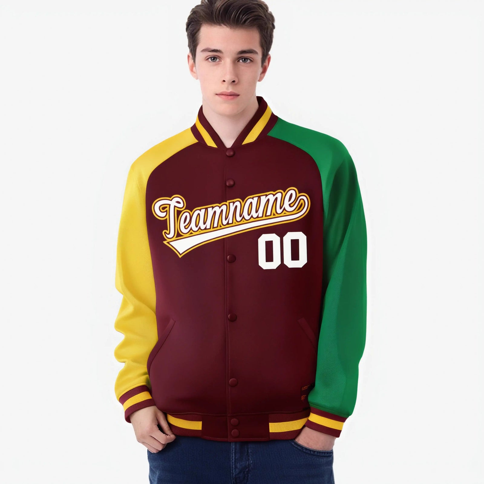 Custom Crimson Kelly Green-Gold Raglan Sleeves Varsity Full-Snap Letterman Jacket