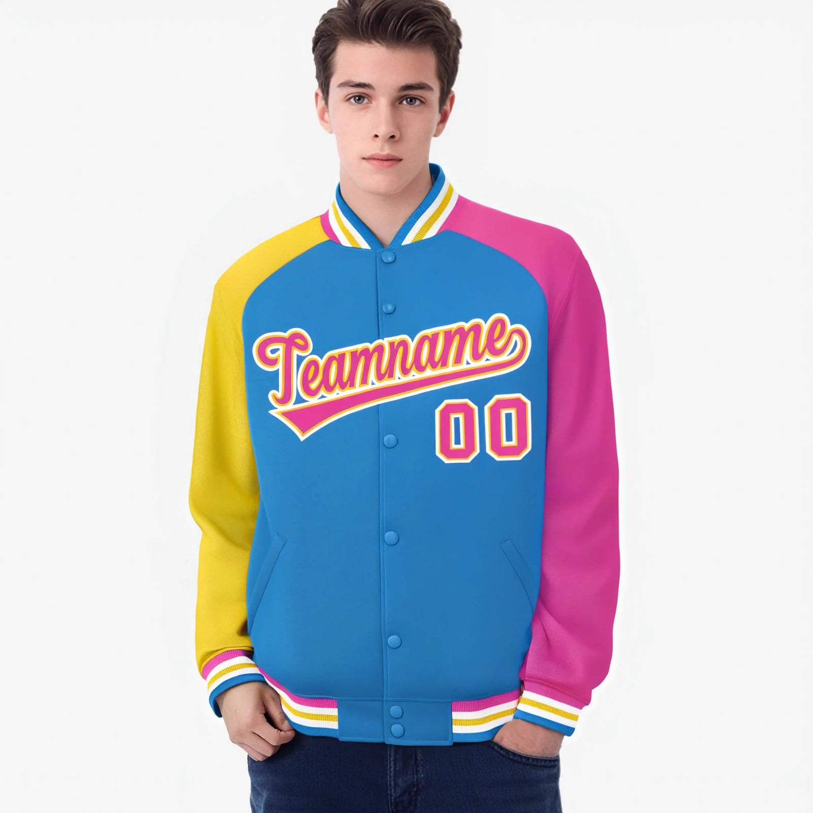 Custom Powder Blue Pink-Gold Raglan Sleeves Varsity Full-Snap Letterman Jacket