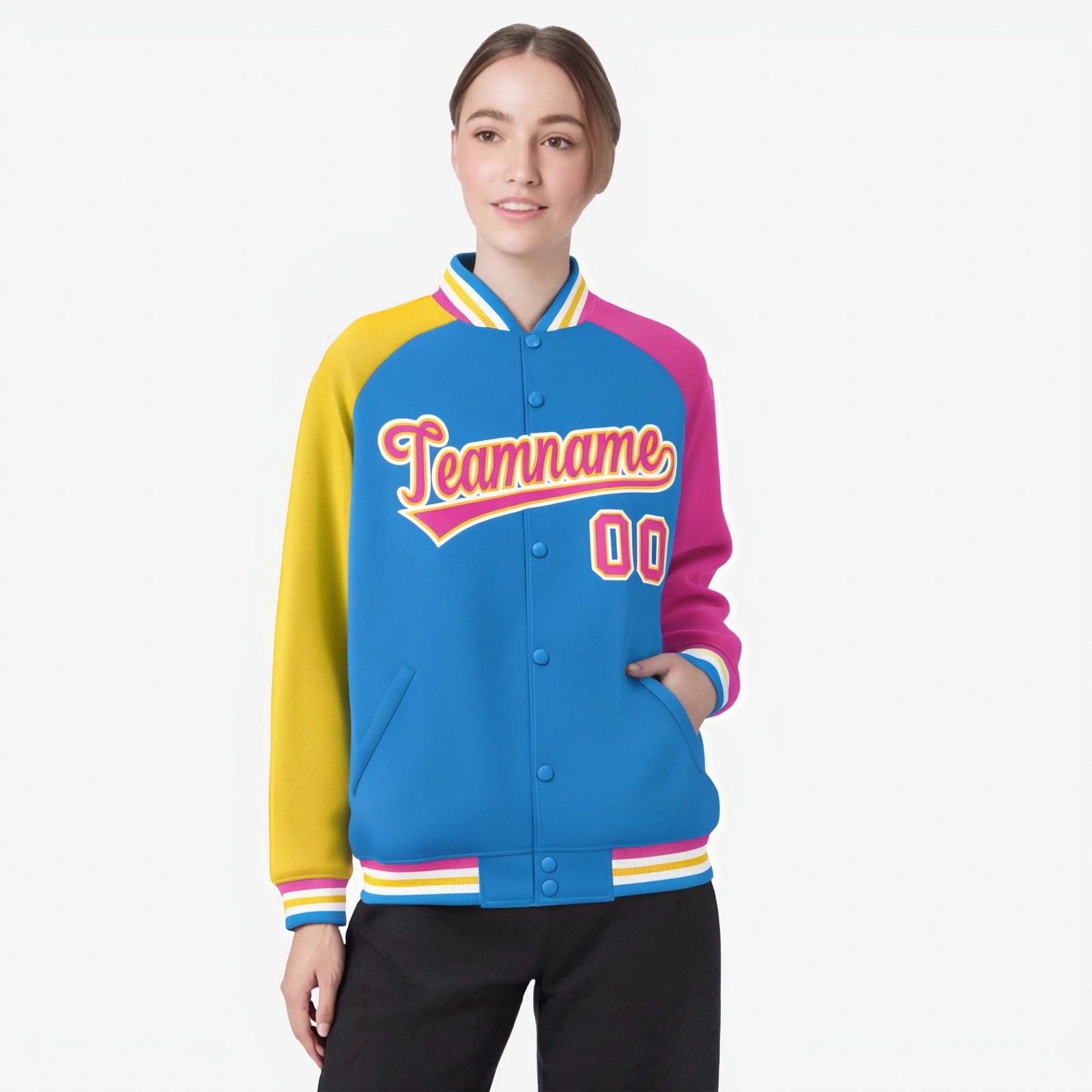 Custom Powder Blue Pink-Gold Raglan Sleeves Varsity Full-Snap Letterman Jacket
