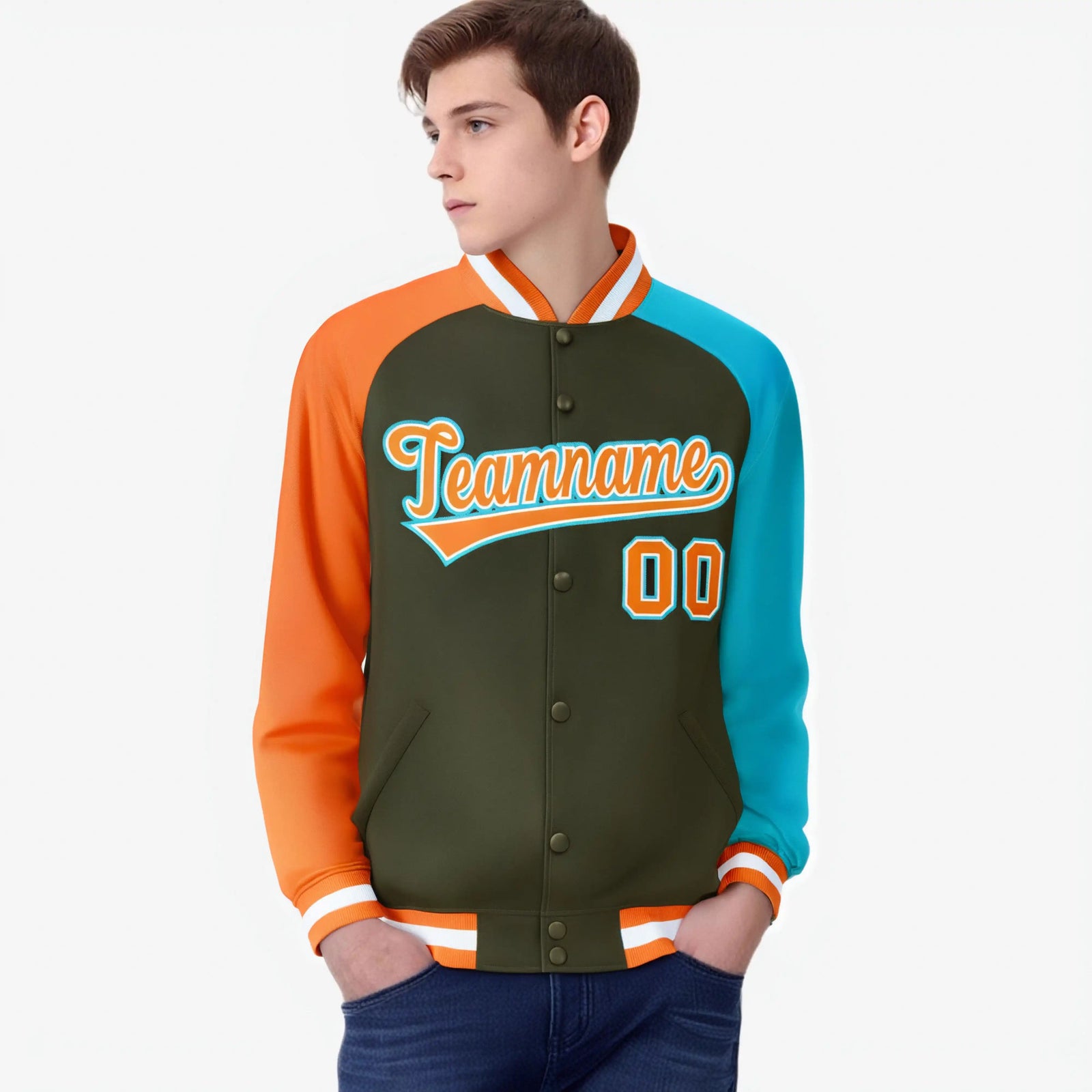 Custom Olive Aqua-Orange Raglan Sleeves Varsity Full-Snap Letterman Jacket