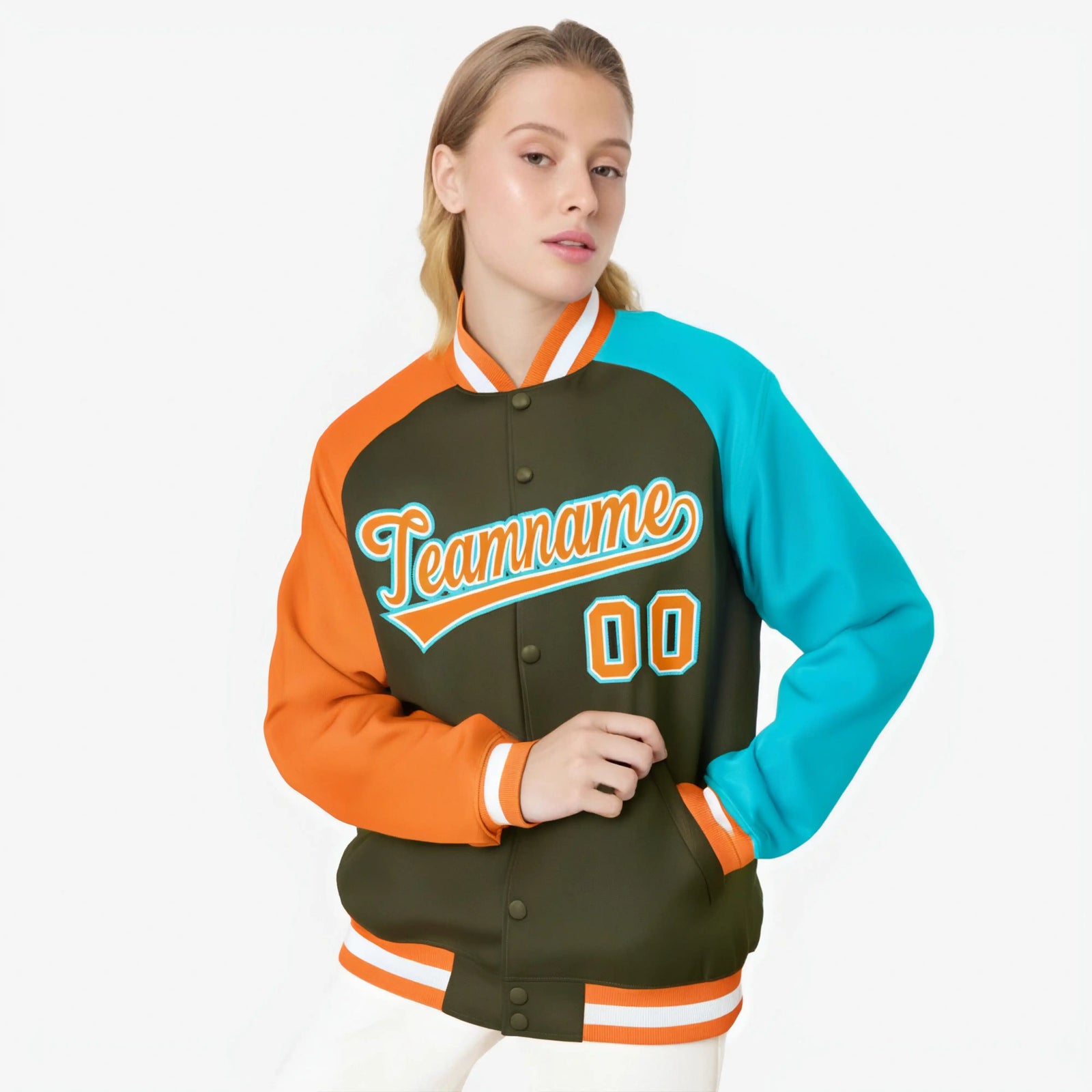 Custom Olive Aqua-Orange Raglan Sleeves Varsity Full-Snap Letterman Jacket