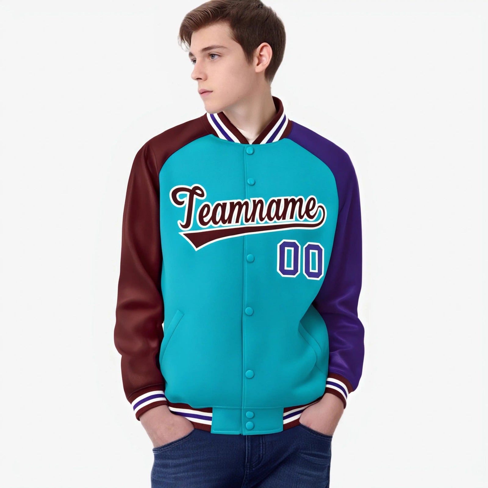 Custom Aqua Crimson-Purple Raglan Sleeves Varsity Full-Snap Letterman Jacket