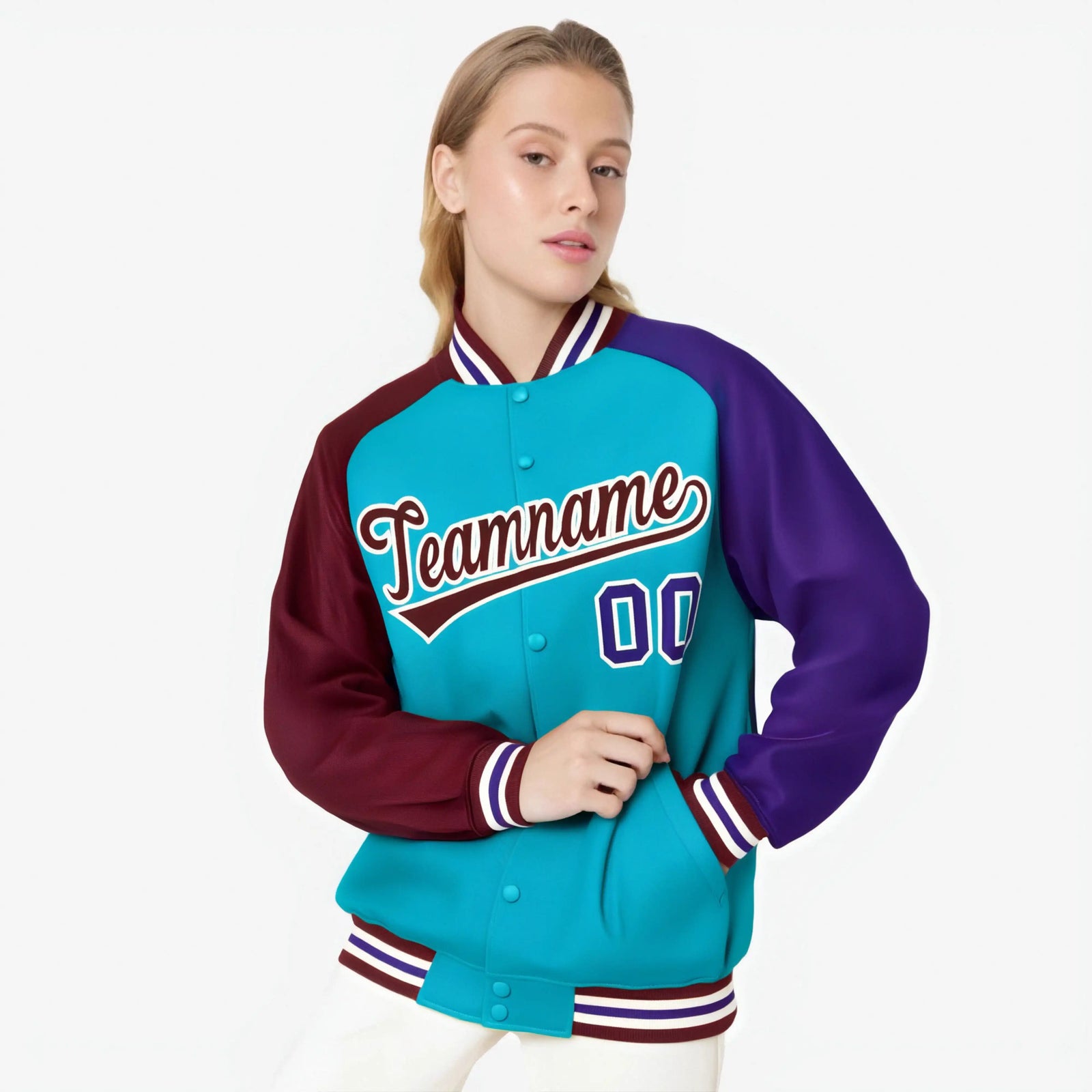 Custom Aqua Crimson-Purple Raglan Sleeves Varsity Full-Snap Letterman Jacket