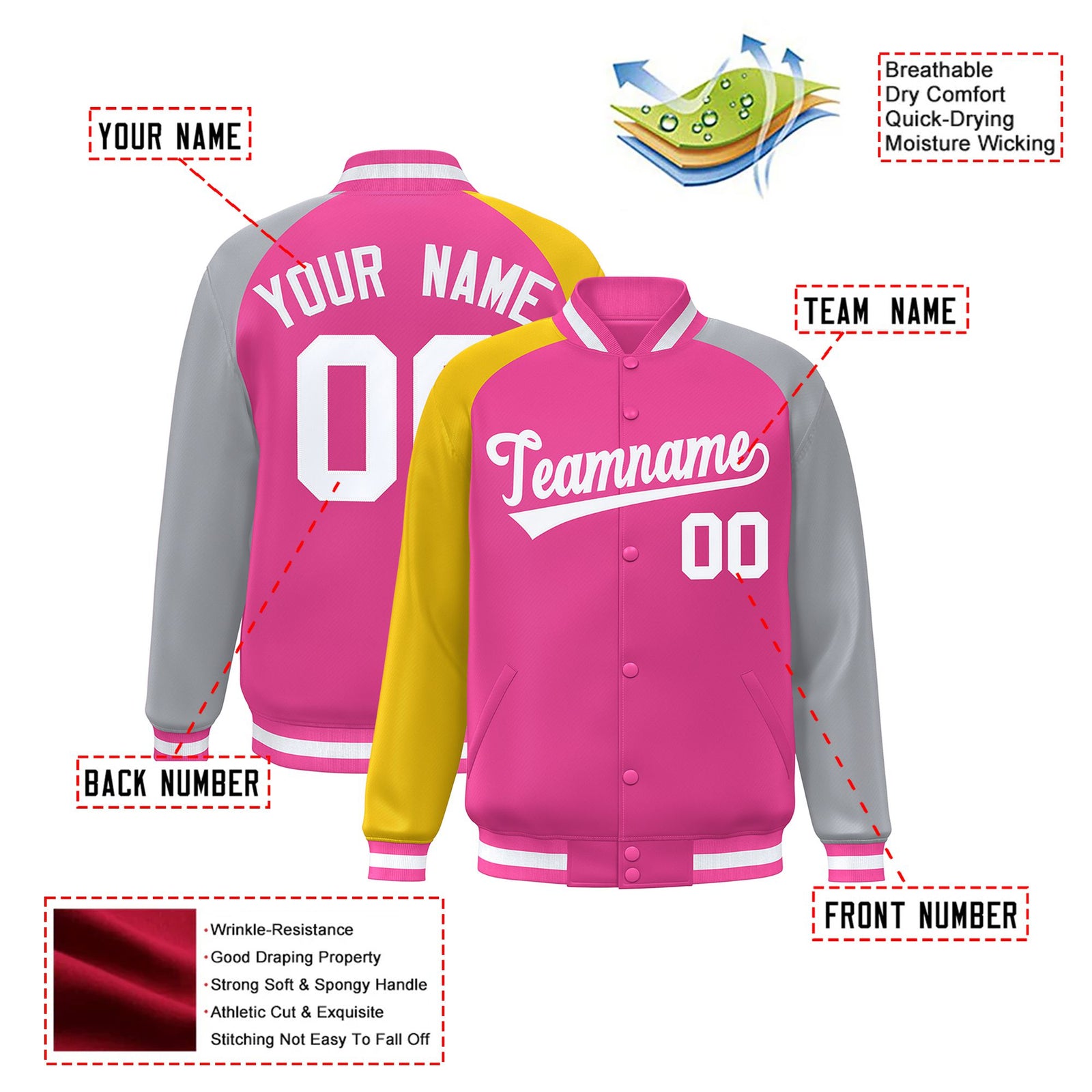 Custom Pink Gray-Gold Raglan Sleeves Varsity Full-Snap Letterman Jacket