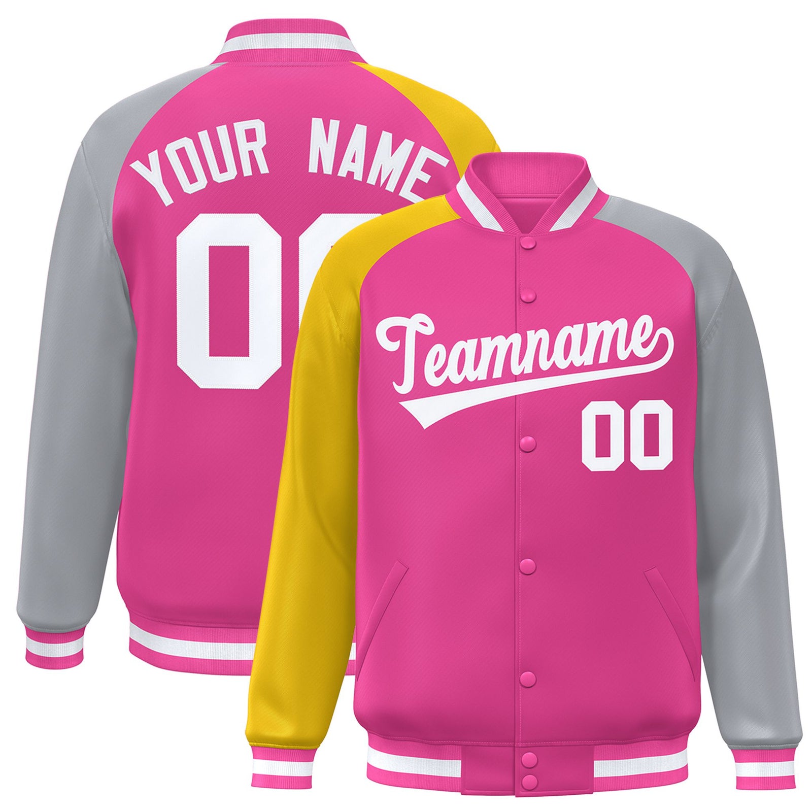 Custom Pink Gray-Gold Raglan Sleeves Varsity Full-Snap Letterman Jacket