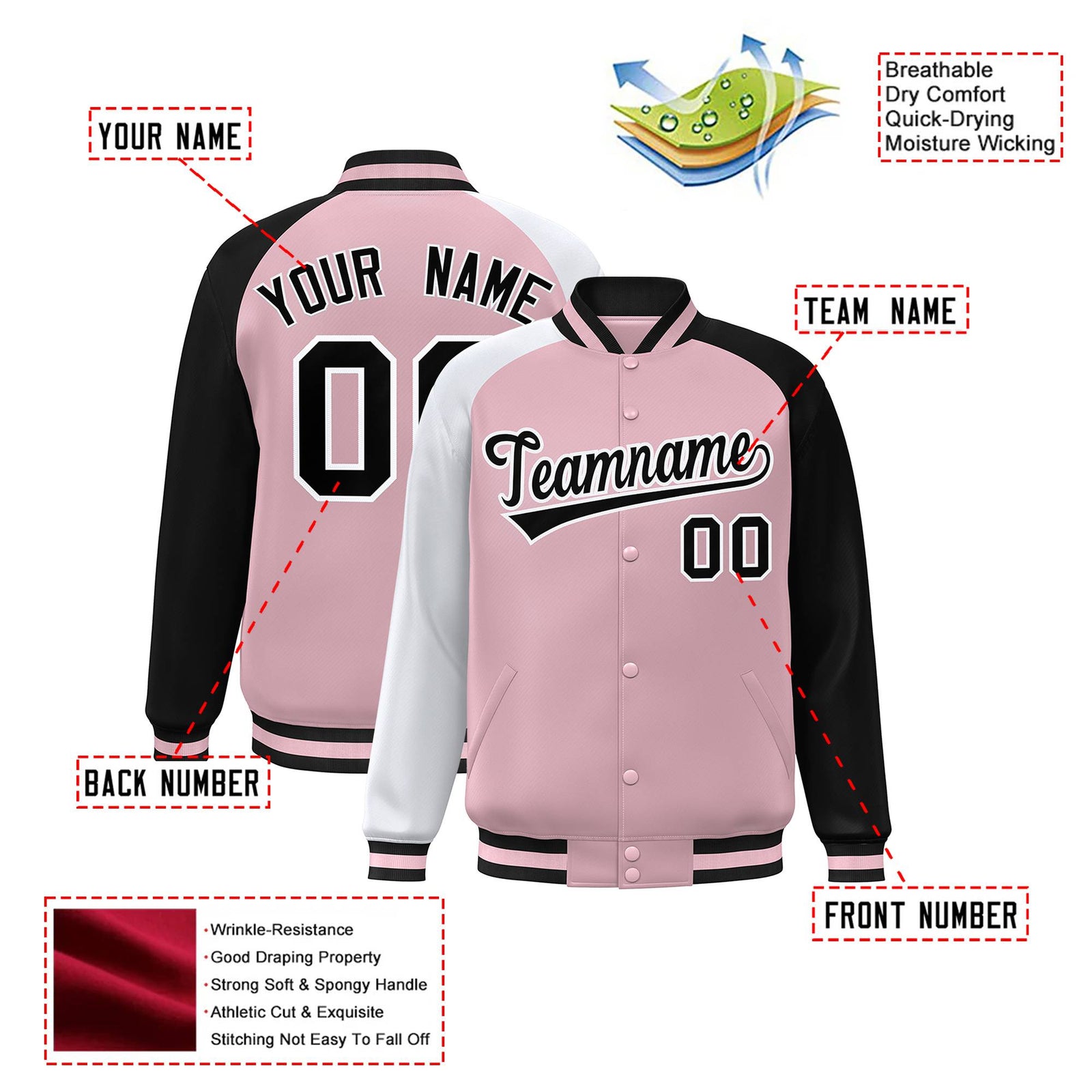 Custom Pink Black-White Raglan Sleeves Varsity Full-Snap Letterman Jacket