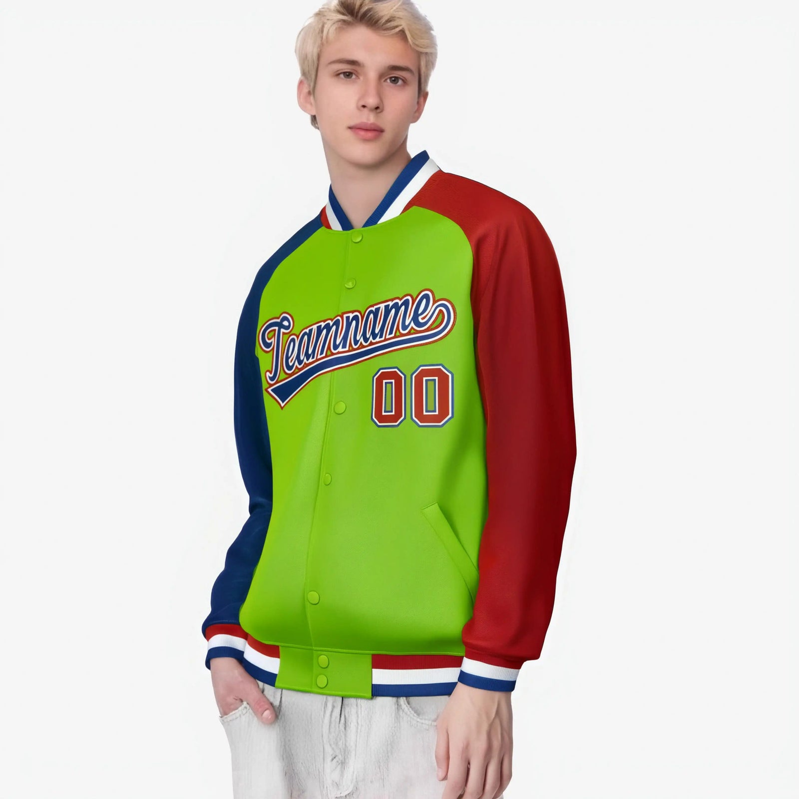 Custom Neon Green Red-Royal Blue Raglan Sleeves Varsity Full-Snap Letterman Jacket