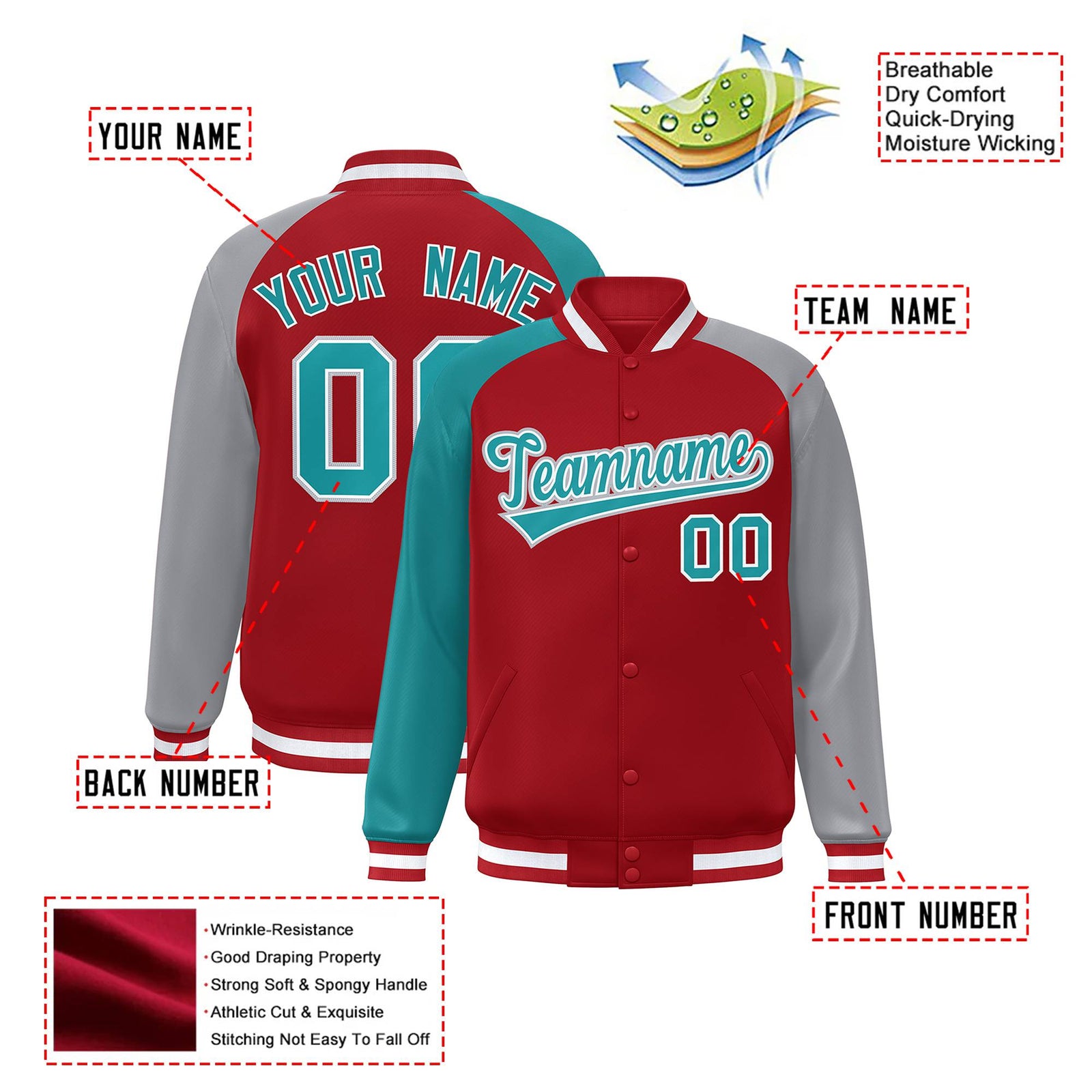 Custom Red Gray-Aqua Raglan Sleeves Varsity Full-Snap Letterman Jacket