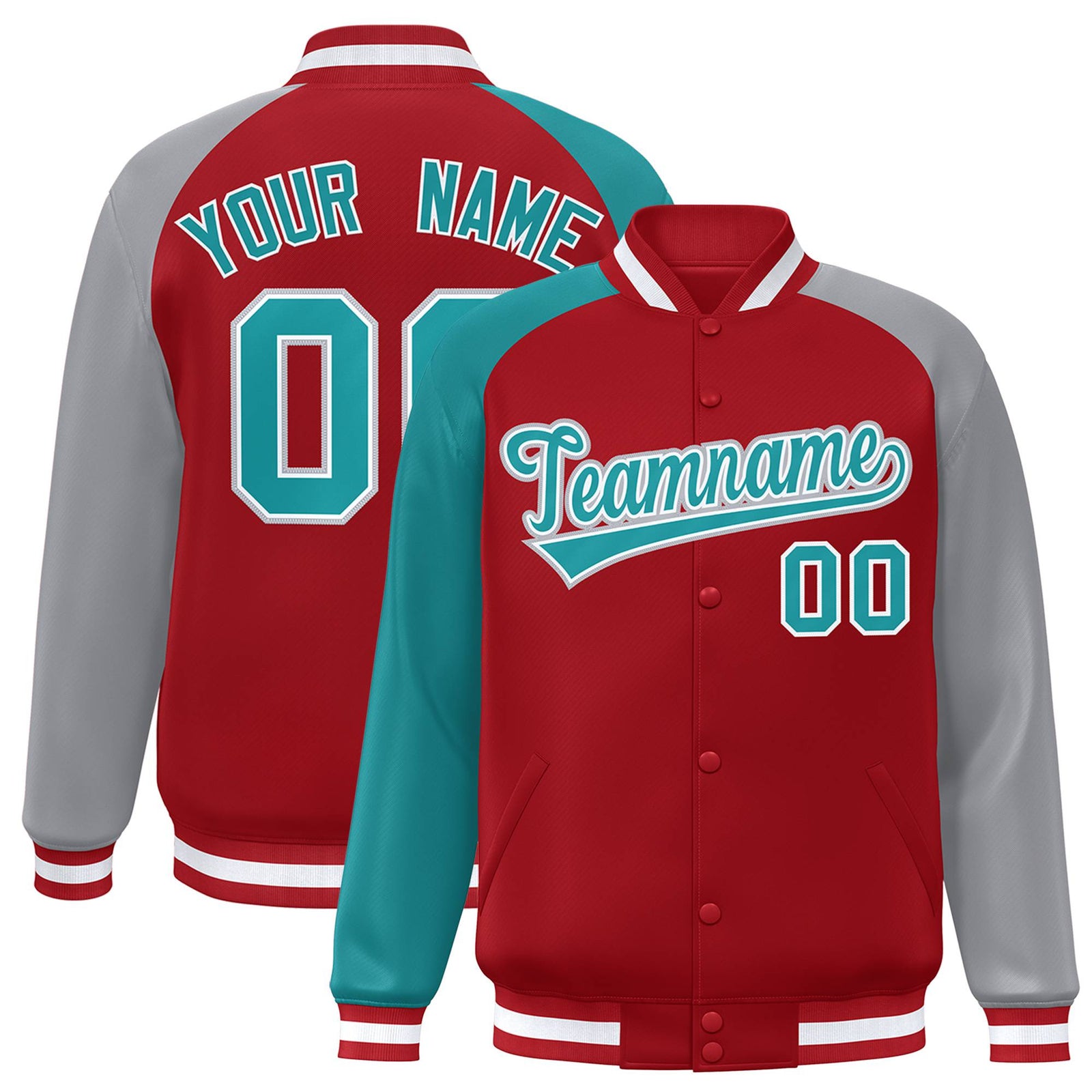 Custom Red Gray-Aqua Raglan Sleeves Varsity Full-Snap Letterman Jacket
