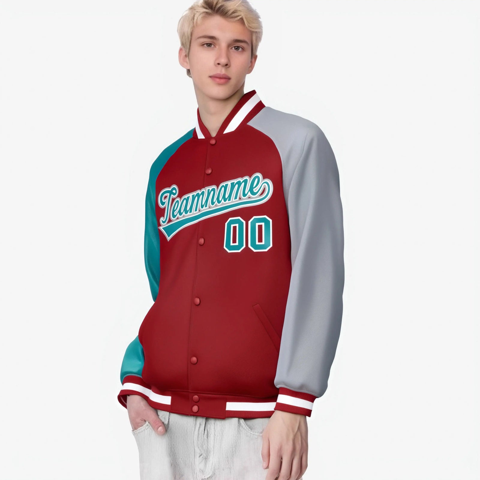 Custom Red Gray-Aqua Raglan Sleeves Varsity Full-Snap Letterman Jacket