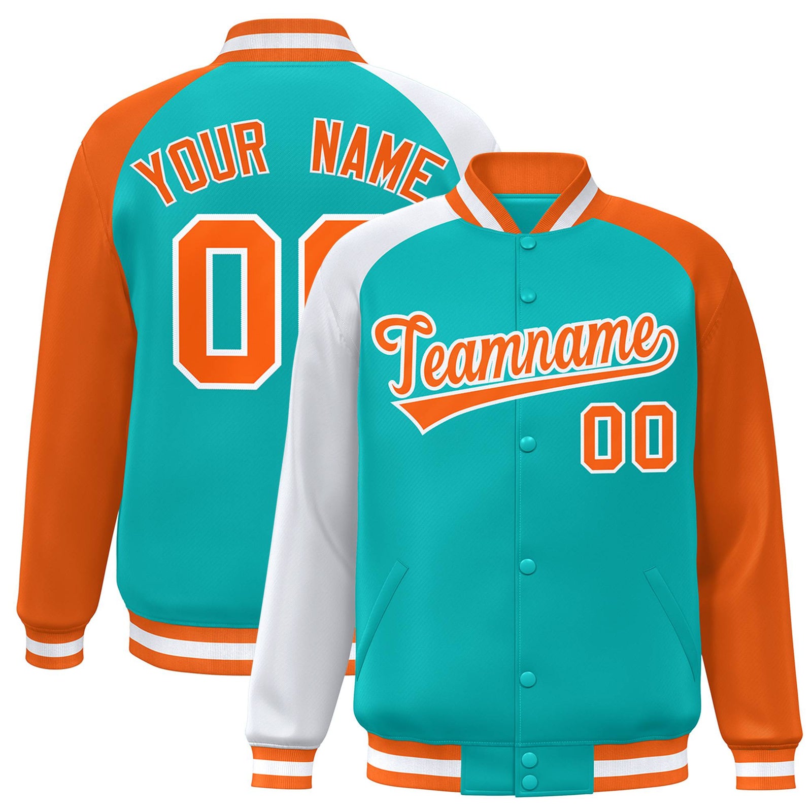 Custom Aqua Orange-White Raglan Sleeves Varsity Full-Snap Letterman Jacket