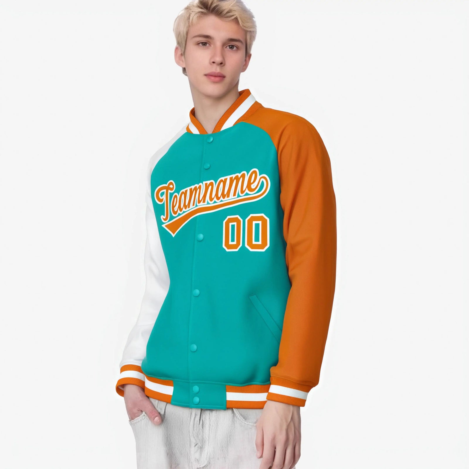 Custom Aqua Orange-White Raglan Sleeves Varsity Full-Snap Letterman Jacket