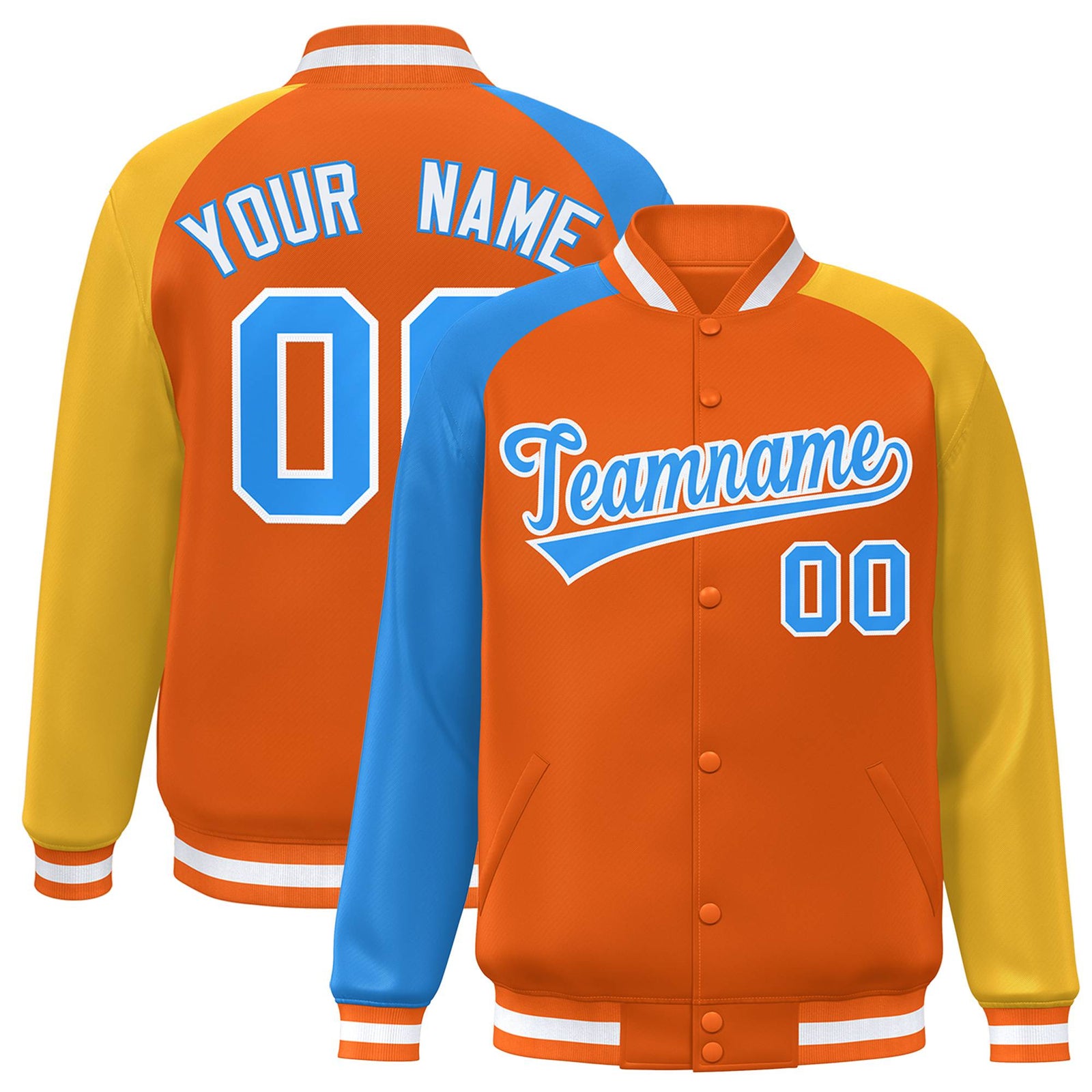 Custom Orange Gold-Powder Blue Raglan Sleeves Varsity Full-Snap Letterman Jacket