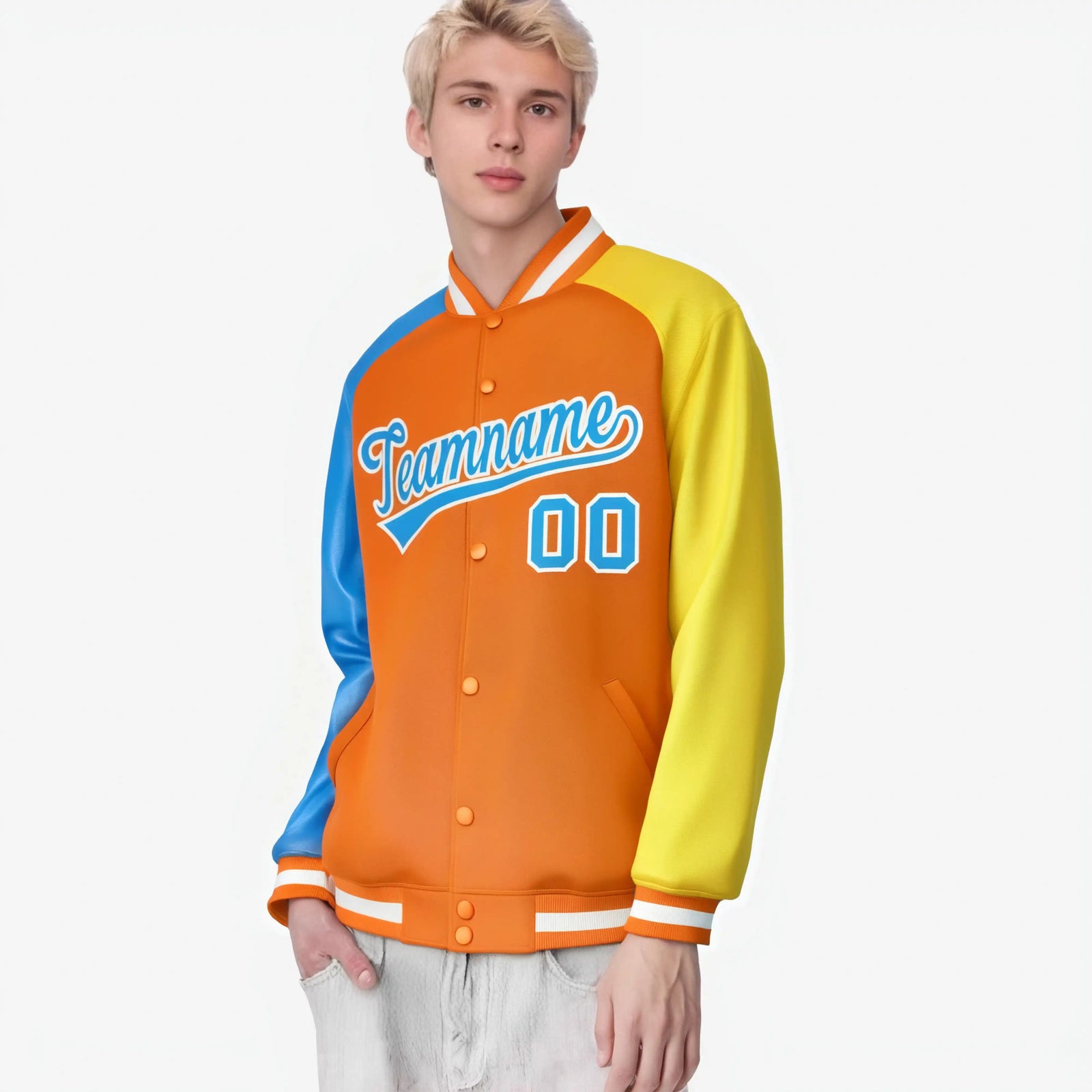 Custom Orange Gold-Powder Blue Raglan Sleeves Varsity Full-Snap Letterman Jacket