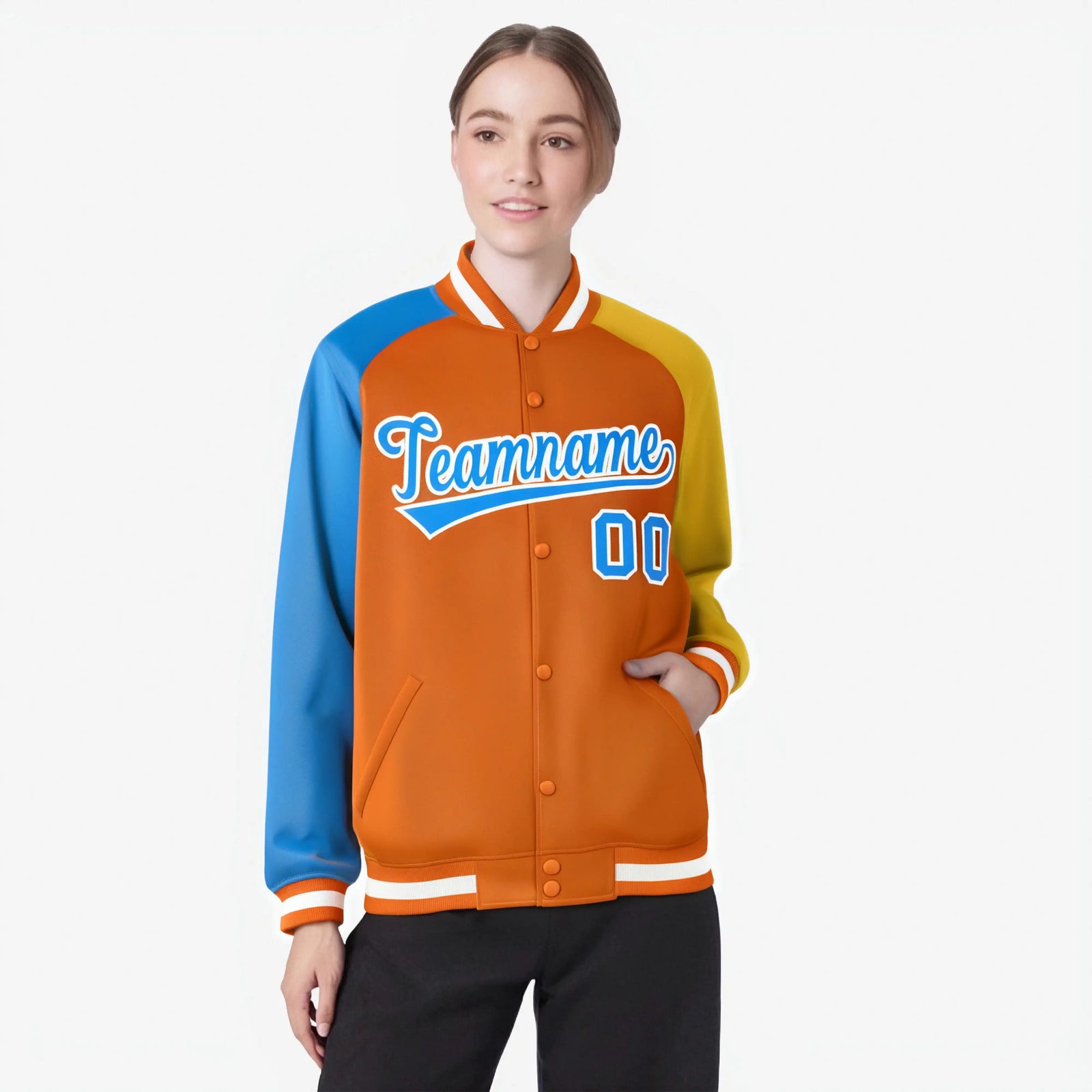 Custom Orange Gold-Powder Blue Raglan Sleeves Varsity Full-Snap Letterman Jacket