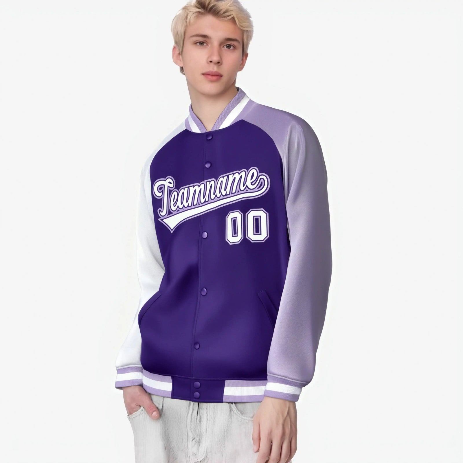 Custom Purple Light Purple-White Raglan Sleeves Varsity Full-Snap Letterman Jacket