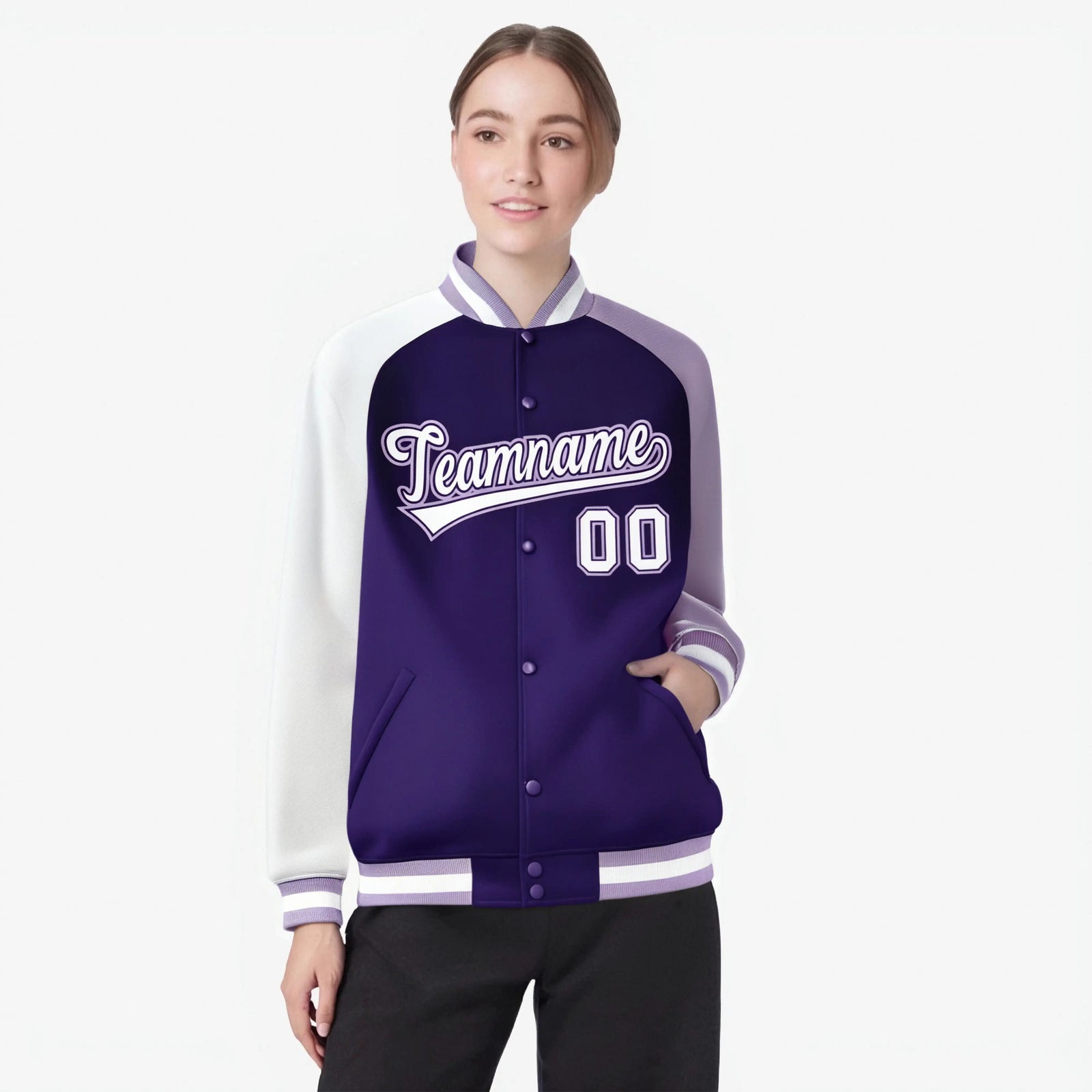 Custom Purple Light Purple-White Raglan Sleeves Varsity Full-Snap Letterman Jacket