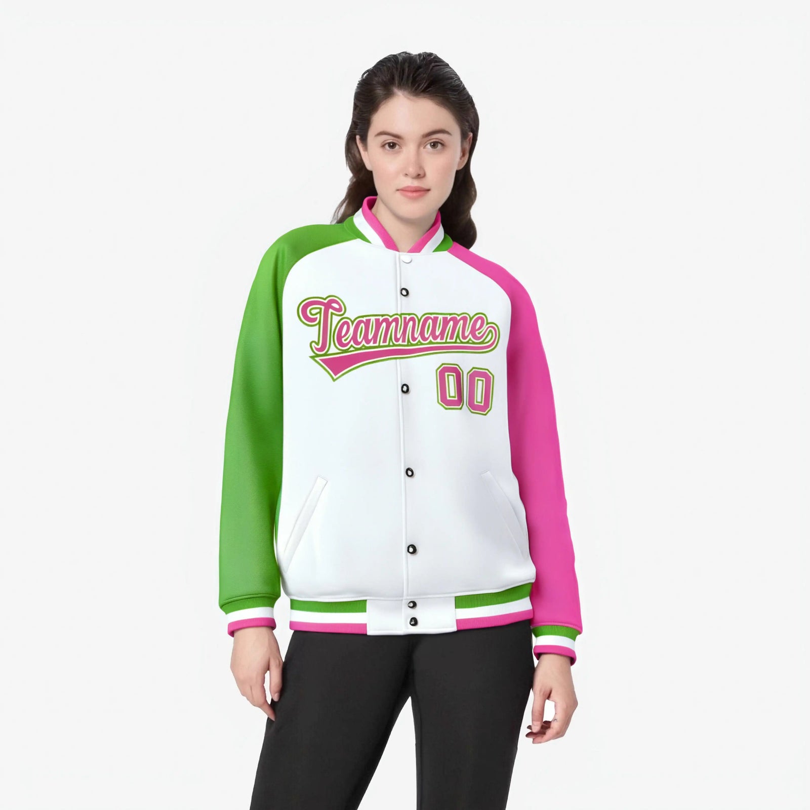Custom White Pink-Neon Green Raglan Sleeves Varsity Full-Snap Letterman Jacket