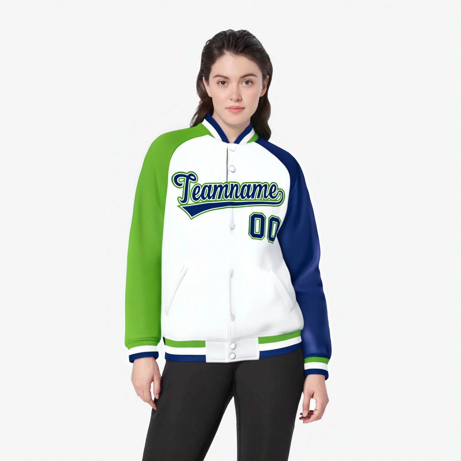 Custom White Royal Blue-Neon Green Raglan Sleeves Varsity Full-Snap Letterman Jacket