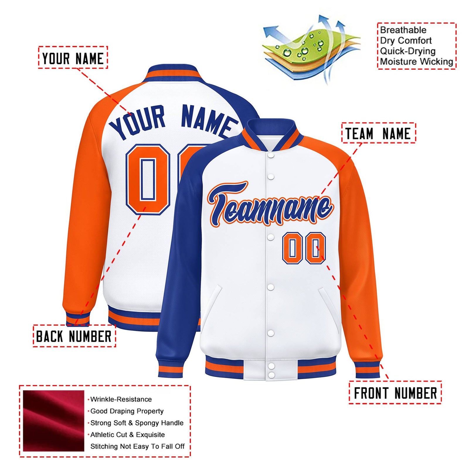 Custom White Orange-Royal Blue Raglan Sleeves Varsity Full-Snap Letterman Jacket