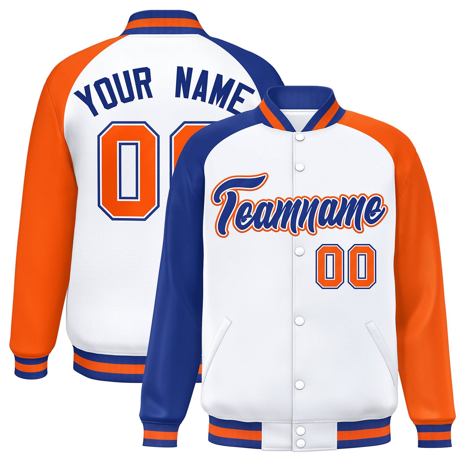 Custom White Orange-Royal Blue Raglan Sleeves Varsity Full-Snap Letterman Jacket