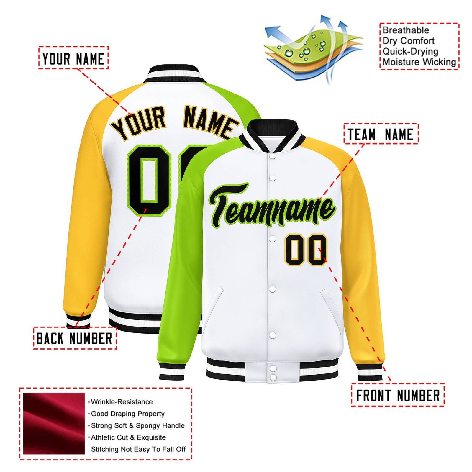 Custom White Gold-Neon Green Raglan Sleeves Varsity Full-Snap Letterman Jacket