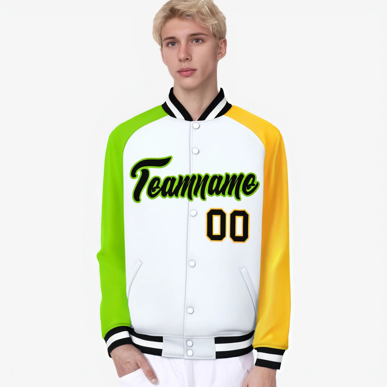 Custom White Gold-Neon Green Raglan Sleeves Varsity Full-Snap Letterman Jacket