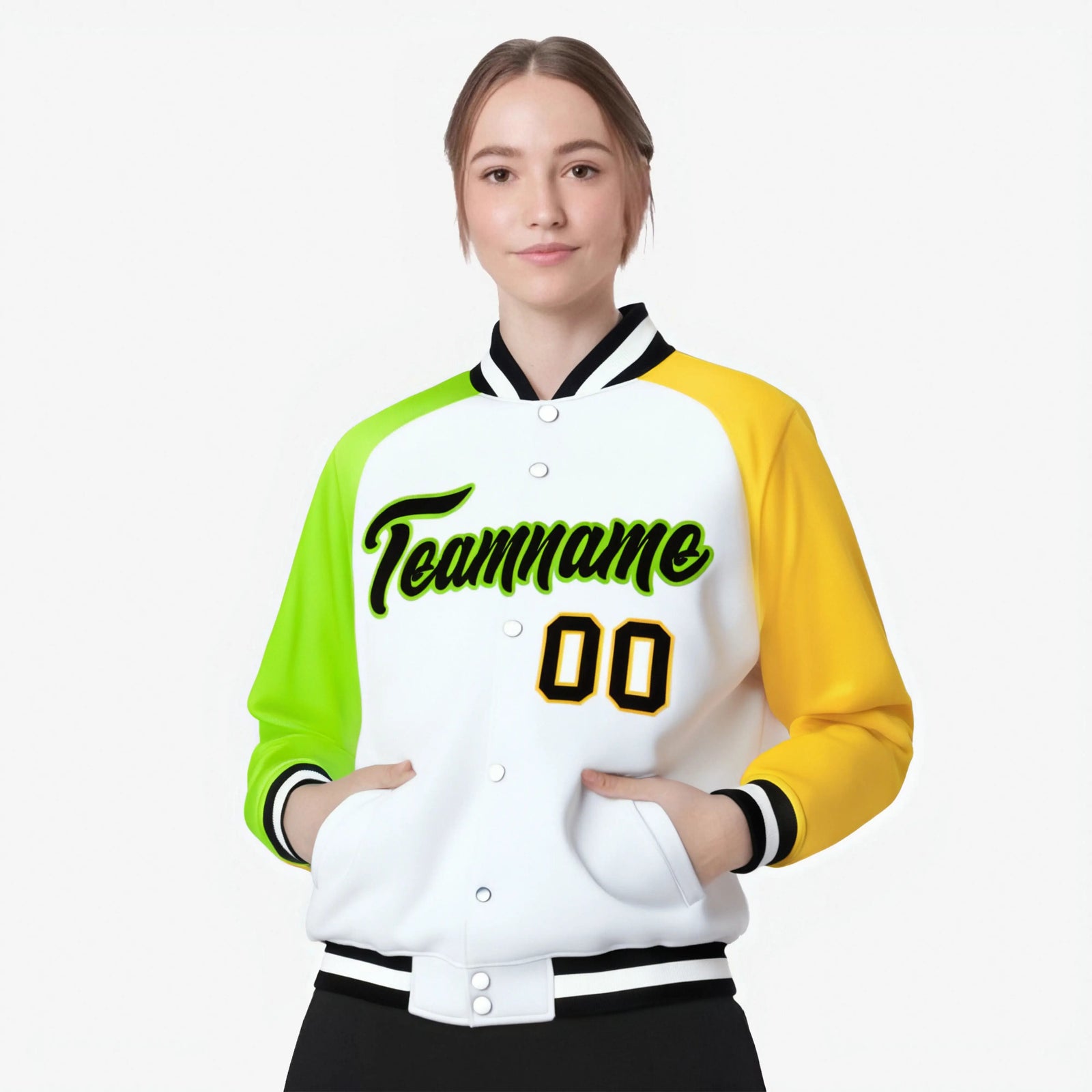 Custom White Gold-Neon Green Raglan Sleeves Varsity Full-Snap Letterman Jacket