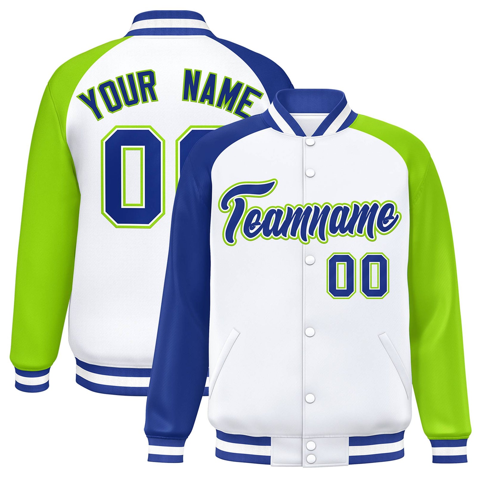 Custom White Neon Green-Royal Blue Raglan Sleeves Varsity Full-Snap Letterman Jacket