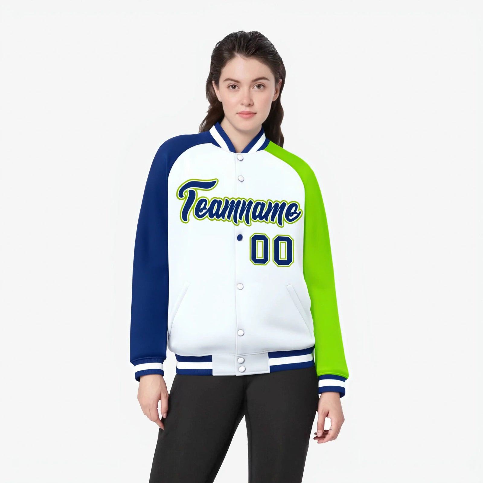 Custom White Neon Green-Royal Blue Raglan Sleeves Varsity Full-Snap Letterman Jacket