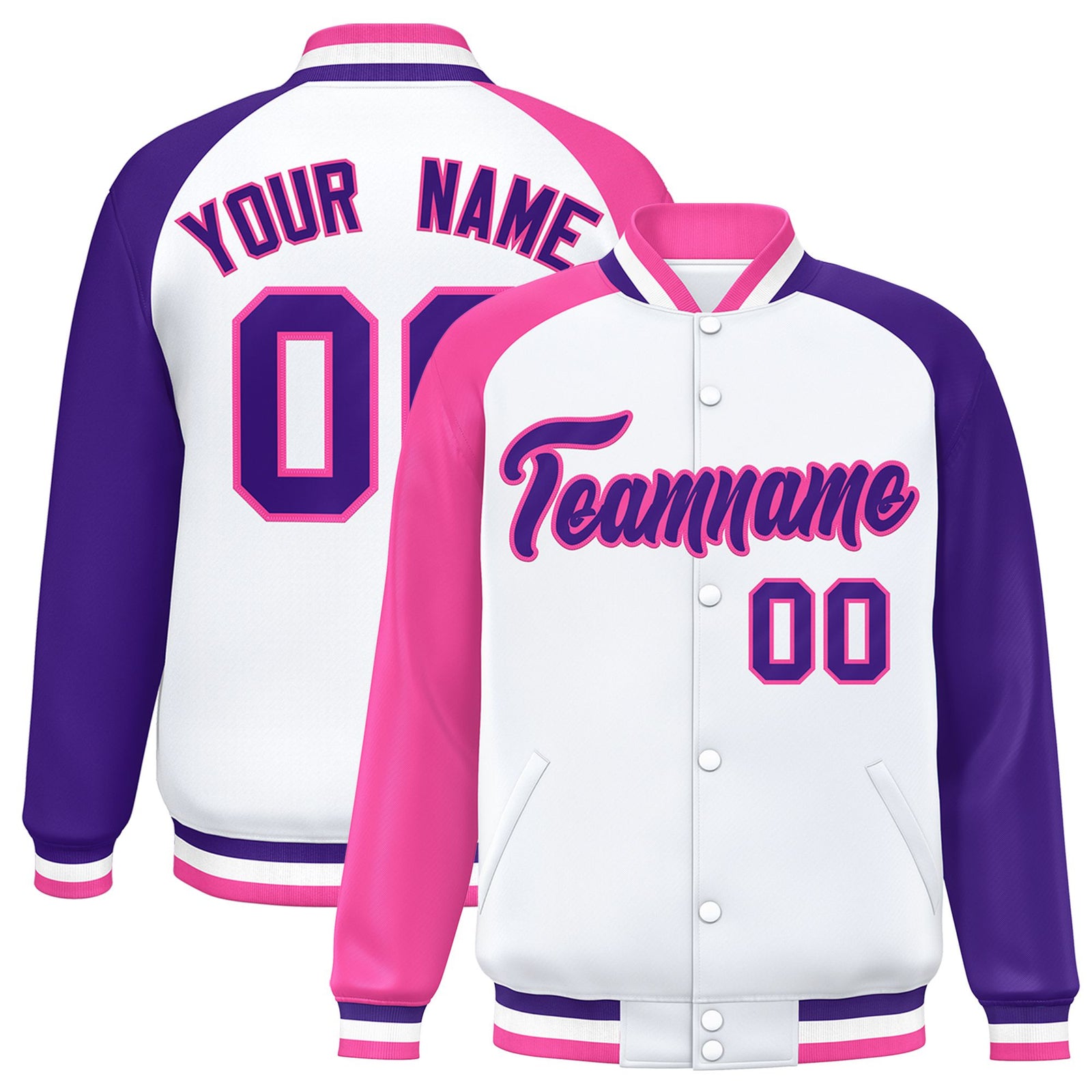 Custom White Purple-Pink Raglan Sleeves Varsity Full-Snap Letterman Jacket