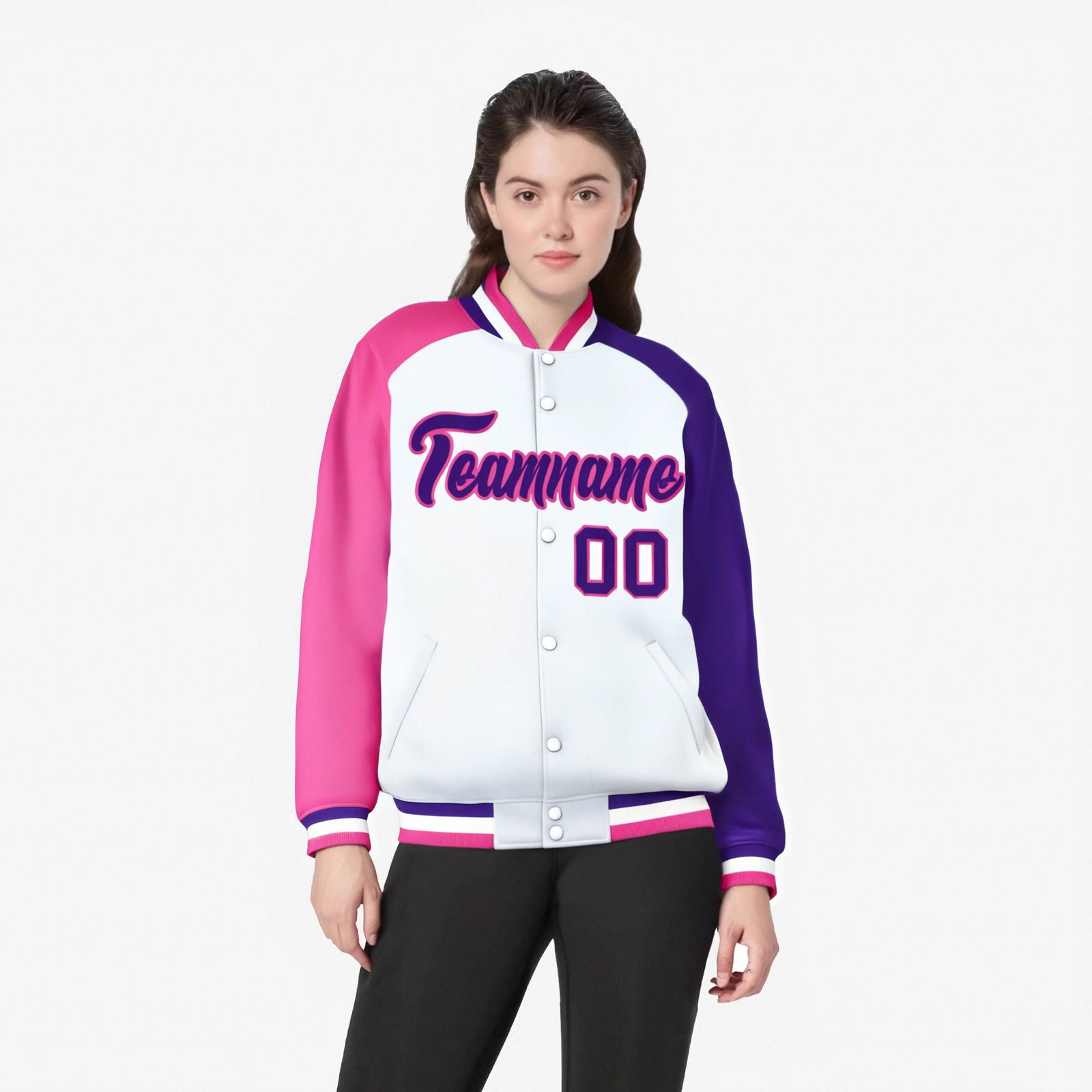 Custom White Purple-Pink Raglan Sleeves Varsity Full-Snap Letterman Jacket