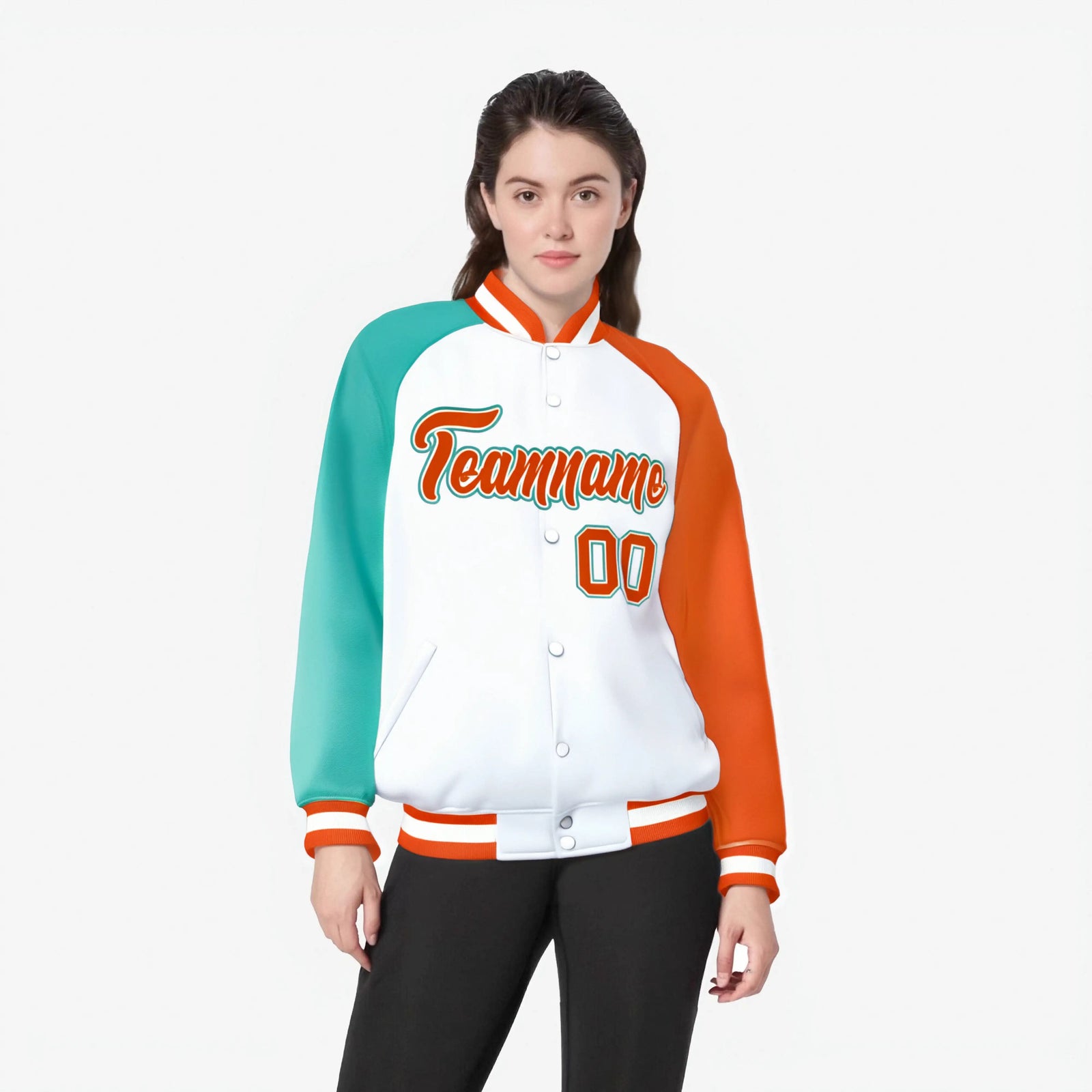 Custom White Orange-Aqua Raglan Sleeves Varsity Full-Snap Letterman Jacket