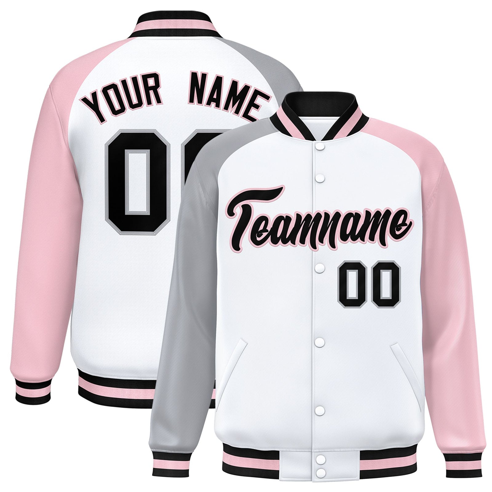 Custom White Pink-Gray Raglan Sleeves Varsity Full-Snap Letterman Jacket