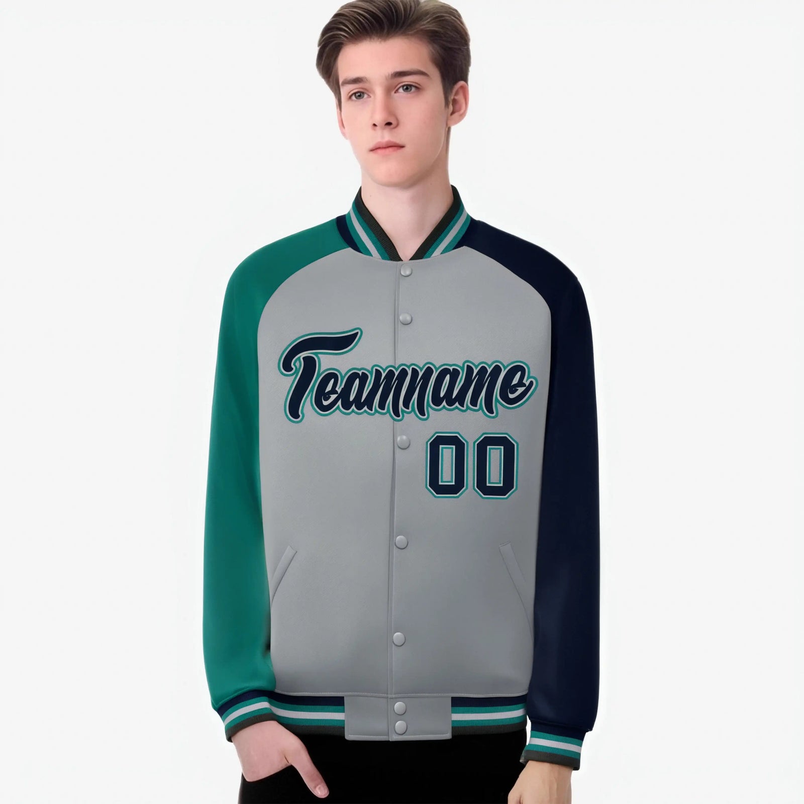 Custom Gray Navy-Aqua Raglan Sleeves Varsity Full-Snap Letterman Jacket