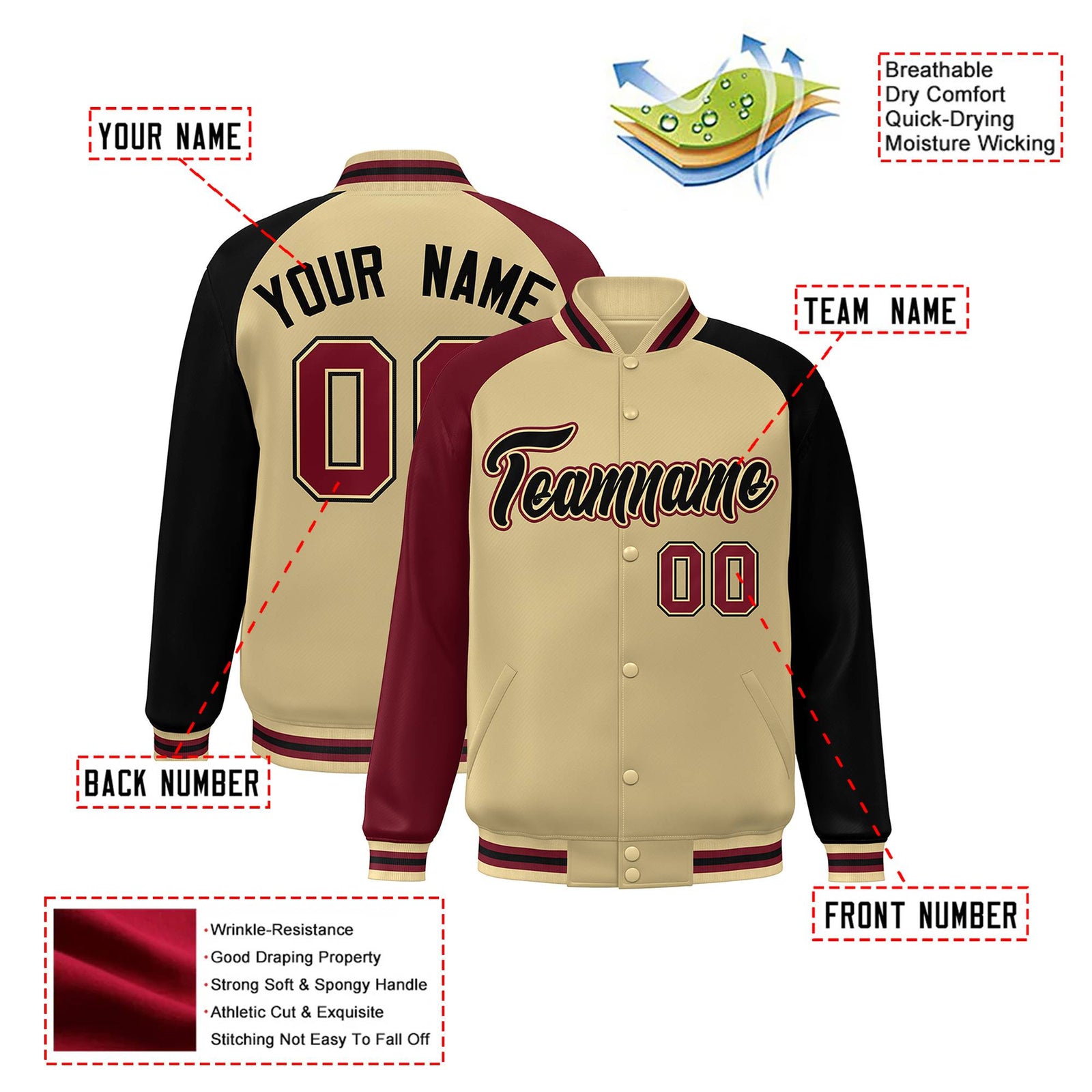 Custom Cream Navy-Crimson Raglan Sleeves Varsity Full-Snap Letterman Jacket