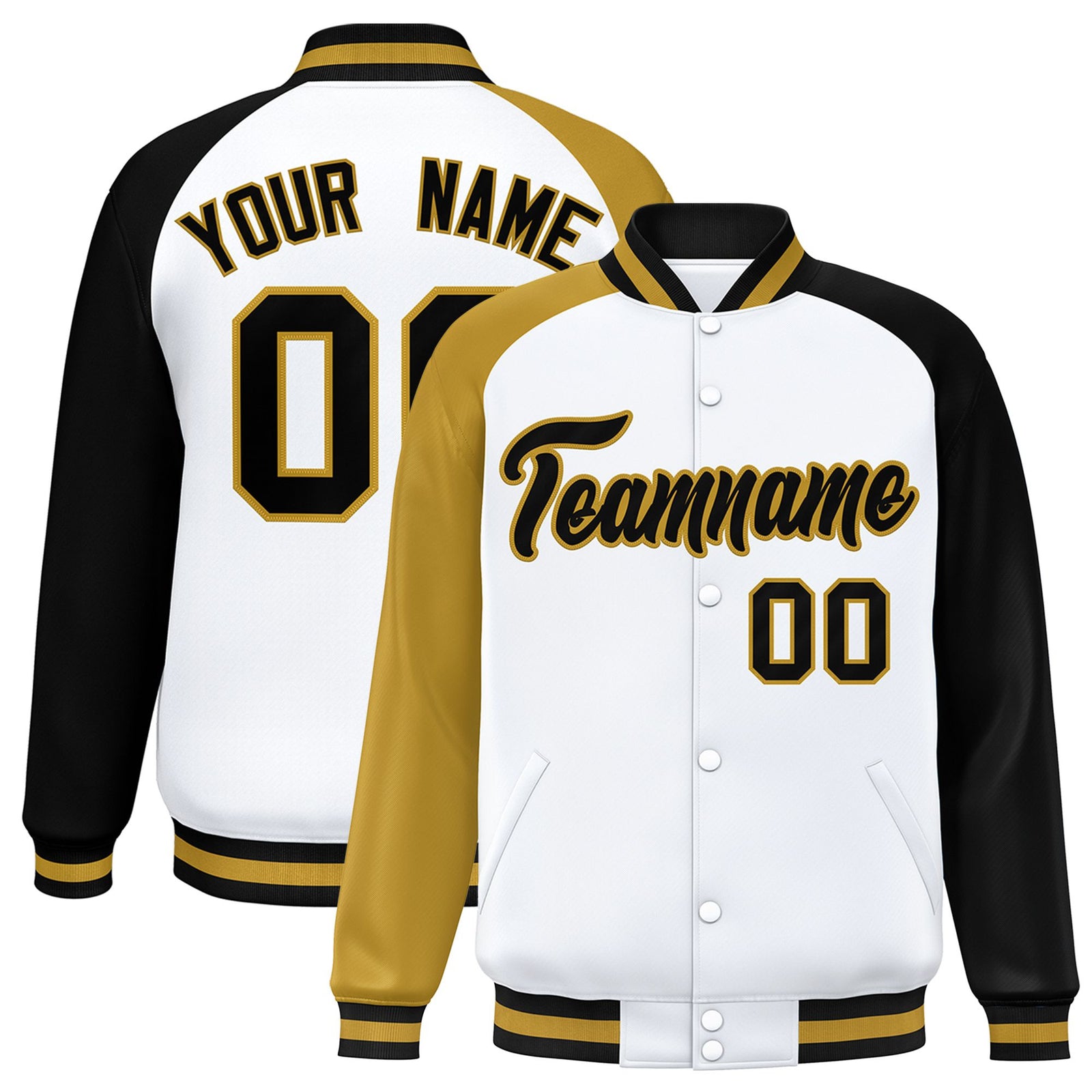 Custom White Black-Old Gold Raglan Sleeves Varsity Full-Snap Letterman Jacket