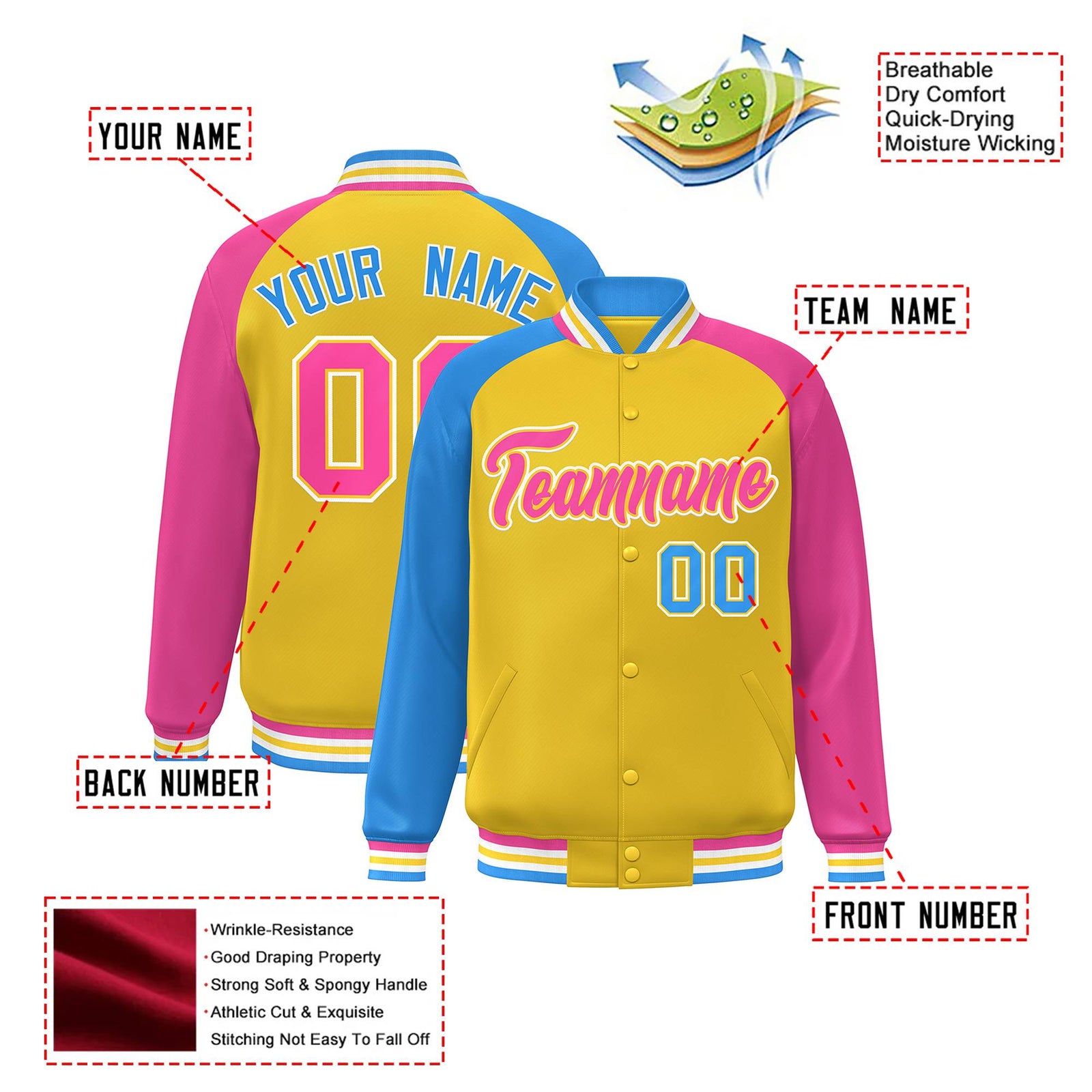 Custom Gold Pink-Powder Blue Raglan Sleeves Varsity Full-Snap Letterman Jacket