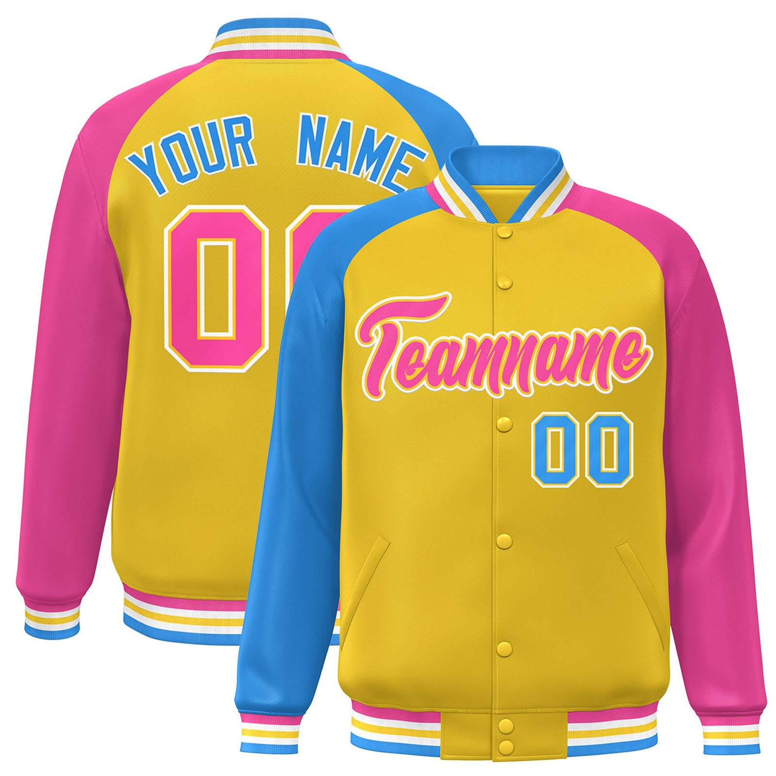 Custom Gold Pink-Powder Blue Raglan Sleeves Varsity Full-Snap Letterman Jacket