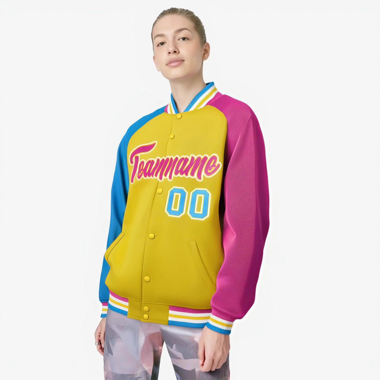 Custom Gold Pink-Powder Blue Raglan Sleeves Varsity Full-Snap Letterman Jacket