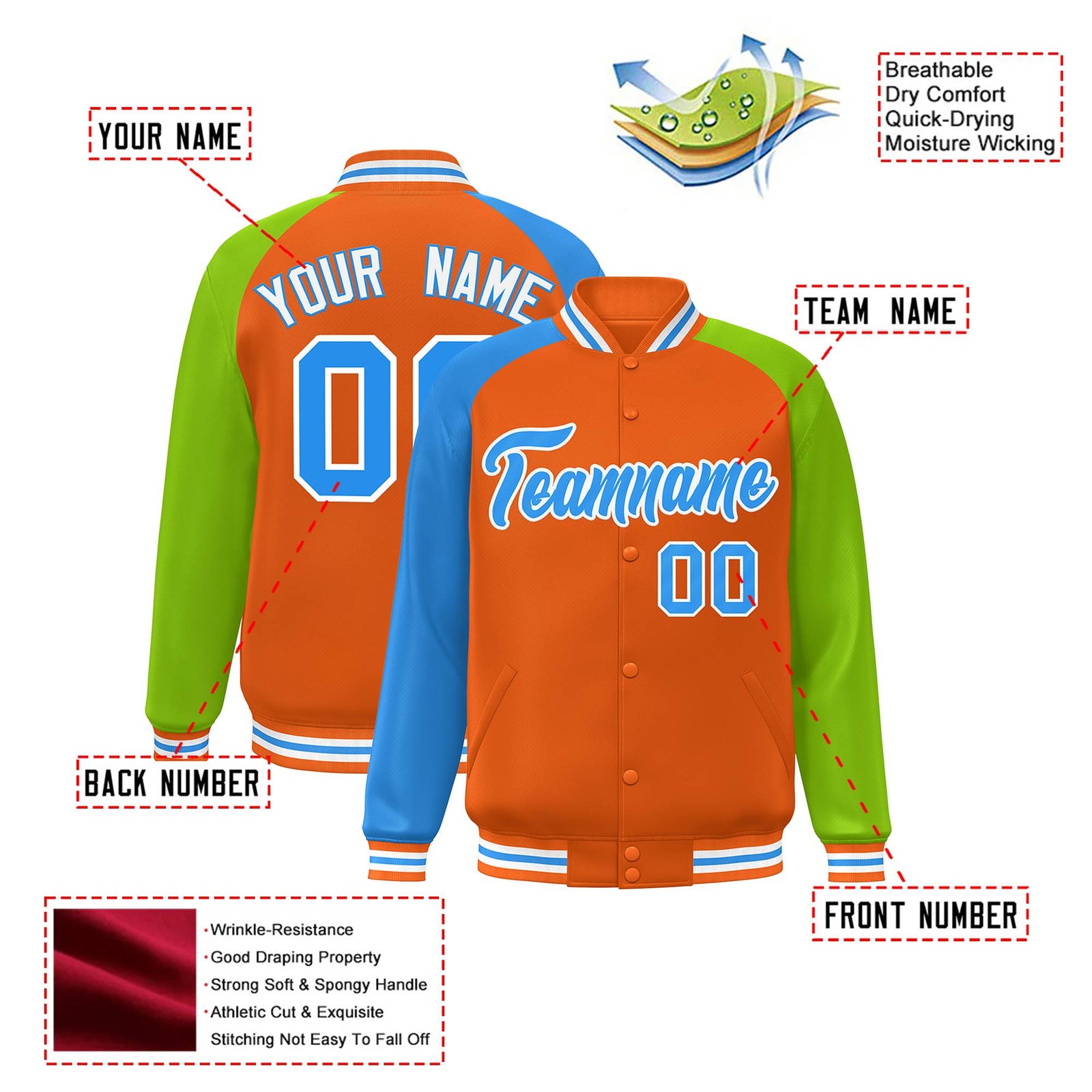 Custom Orange Neon Green-Powder Blue Raglan Sleeves Varsity Full-Snap Letterman Jacket