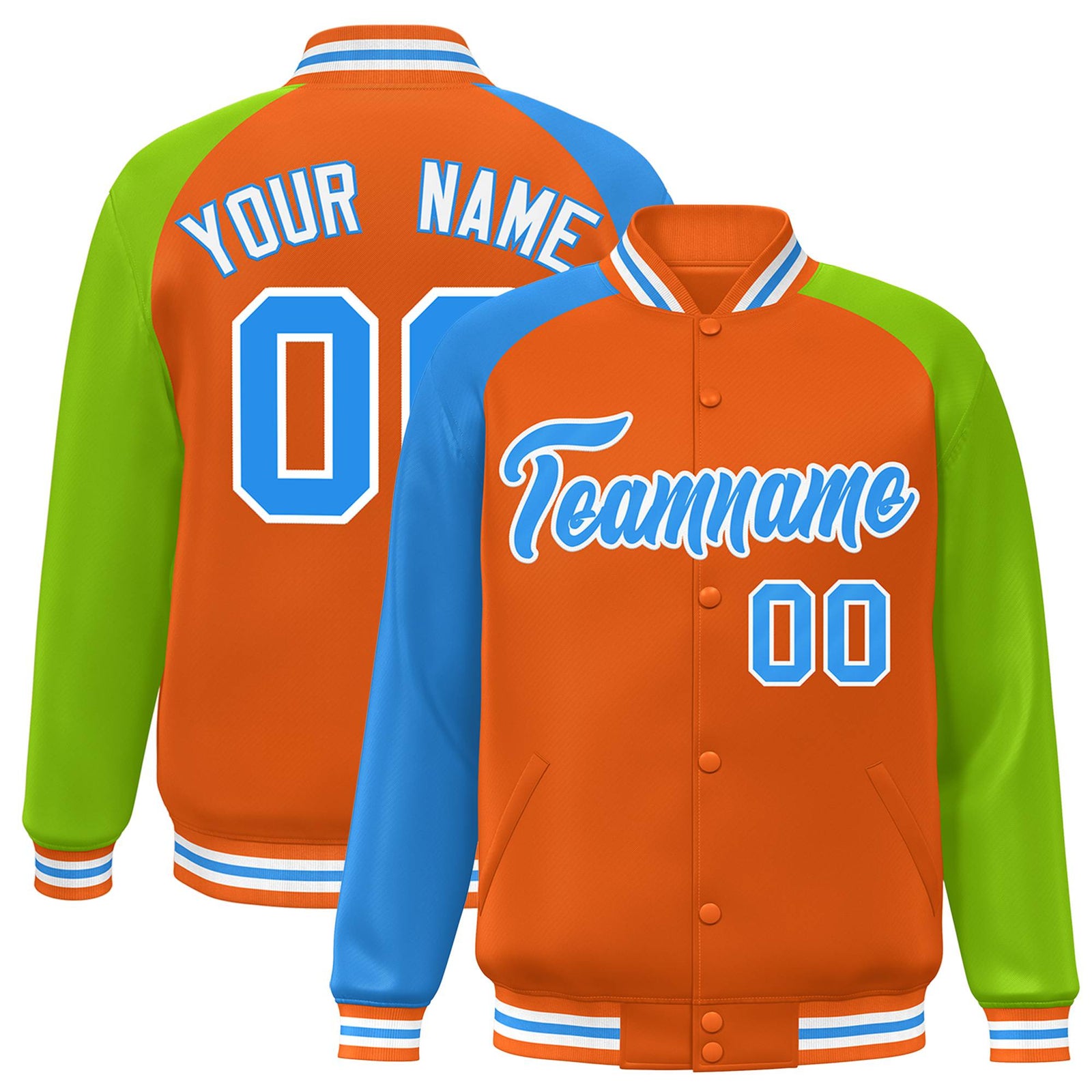 Custom Orange Neon Green-Powder Blue Raglan Sleeves Varsity Full-Snap Letterman Jacket